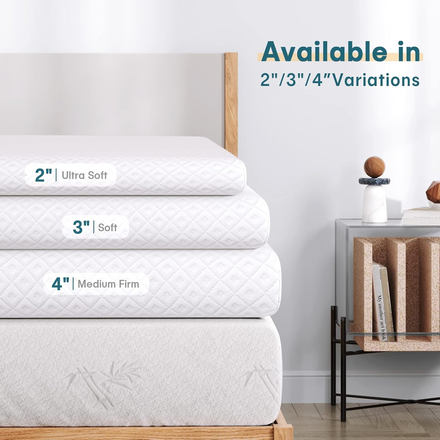 Thumbnail 5 de Vesgantti 3 Inch Memory Foam Mattress Topper (King Size) with Gel & Bamboo Charcoal Infusion