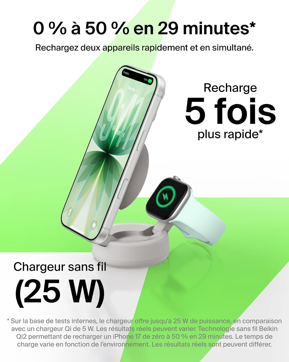 Detalle de Belkin UltraCharge 2-en-1 MagSafe : Chargeur Qi 25 W pliable et élégant avec adaptateur 45 W