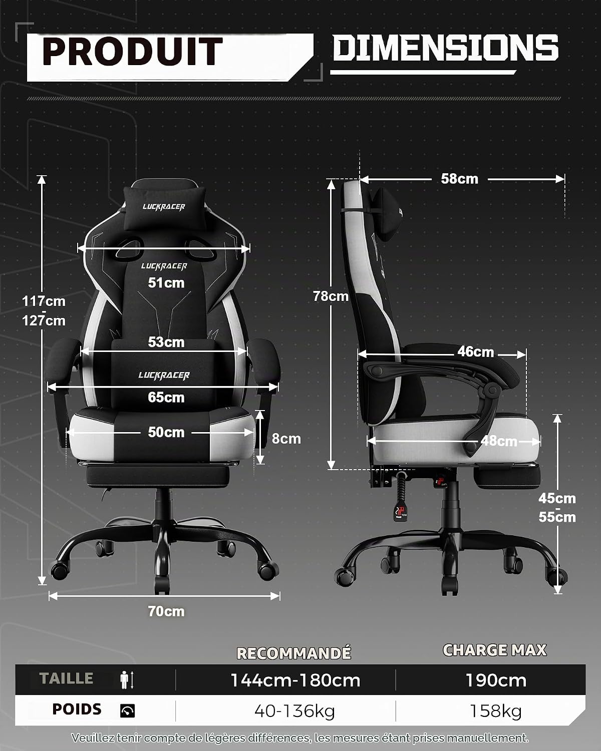 Detalle de LUCKRACER LR408 gamingstoel van stof met traagschuim, voetsteun en verstelbare rugleuning