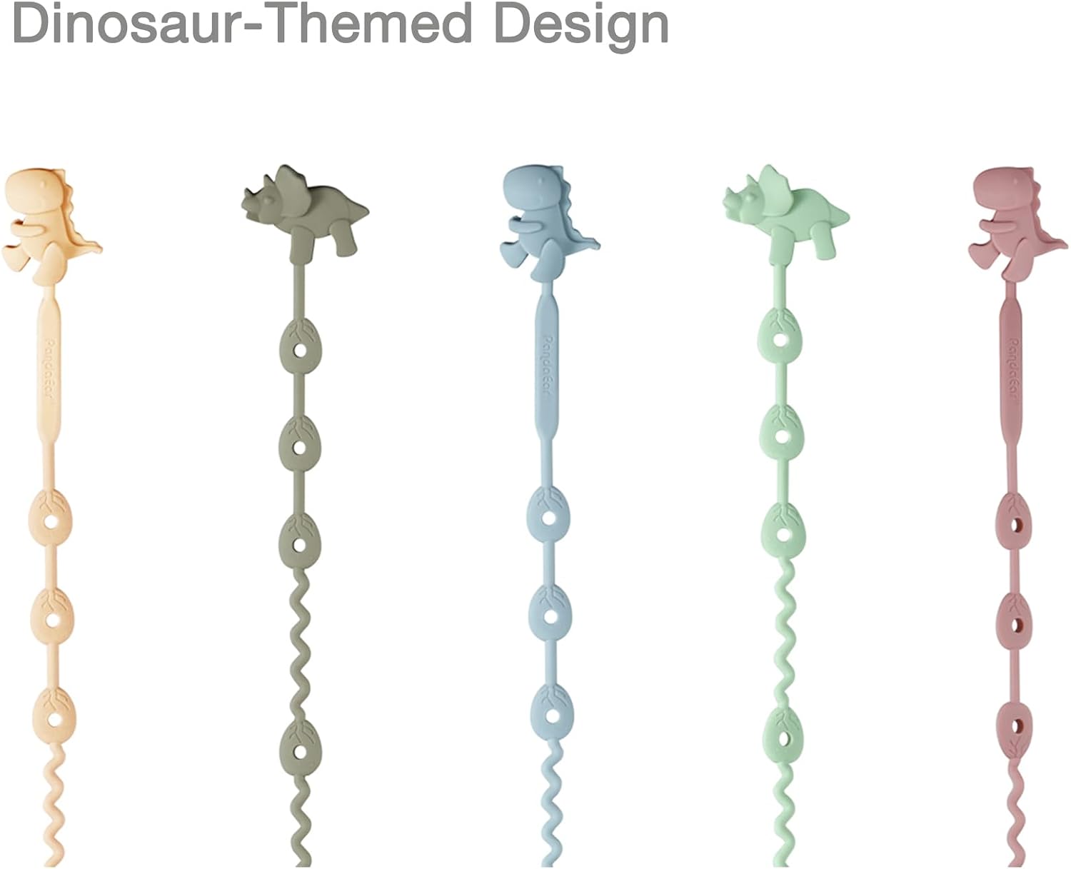 Detalle 2 de PandaEar Silicone Toy Straps (5 Pack) with Dinosaur Clips – Adjustable Dummy Teether & Bottle Holders