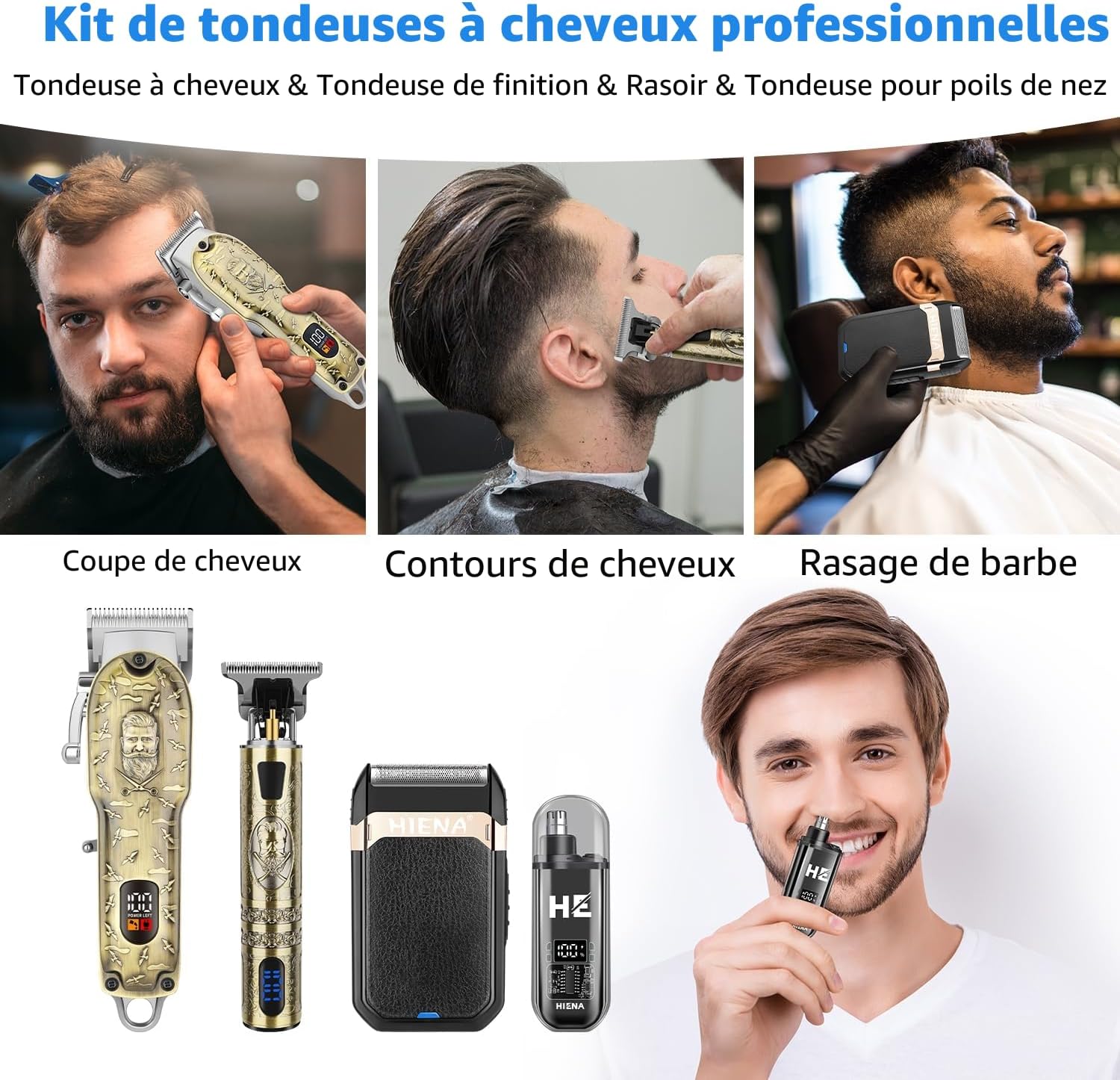 Detalle 2 de HIENA PRO Tondeuse à cheveux professionnelle pour hommes – 4 en 1, kit sans fil rechargeable