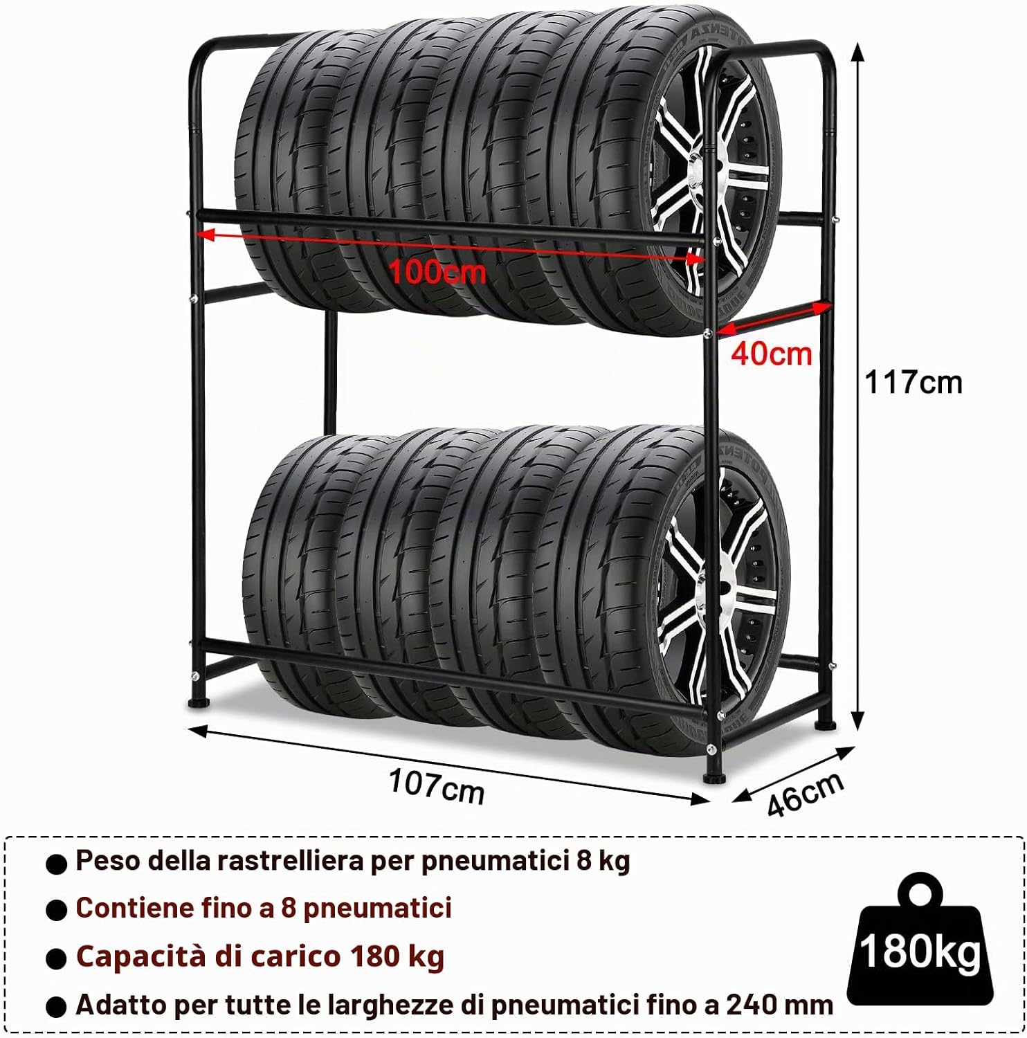 Thumbnail 3 de Scaffale per pneumatici Vkechh 8 pneumatici, 107 x 46 x 117 cm — 2 livelli regolabili e copertura protettiva