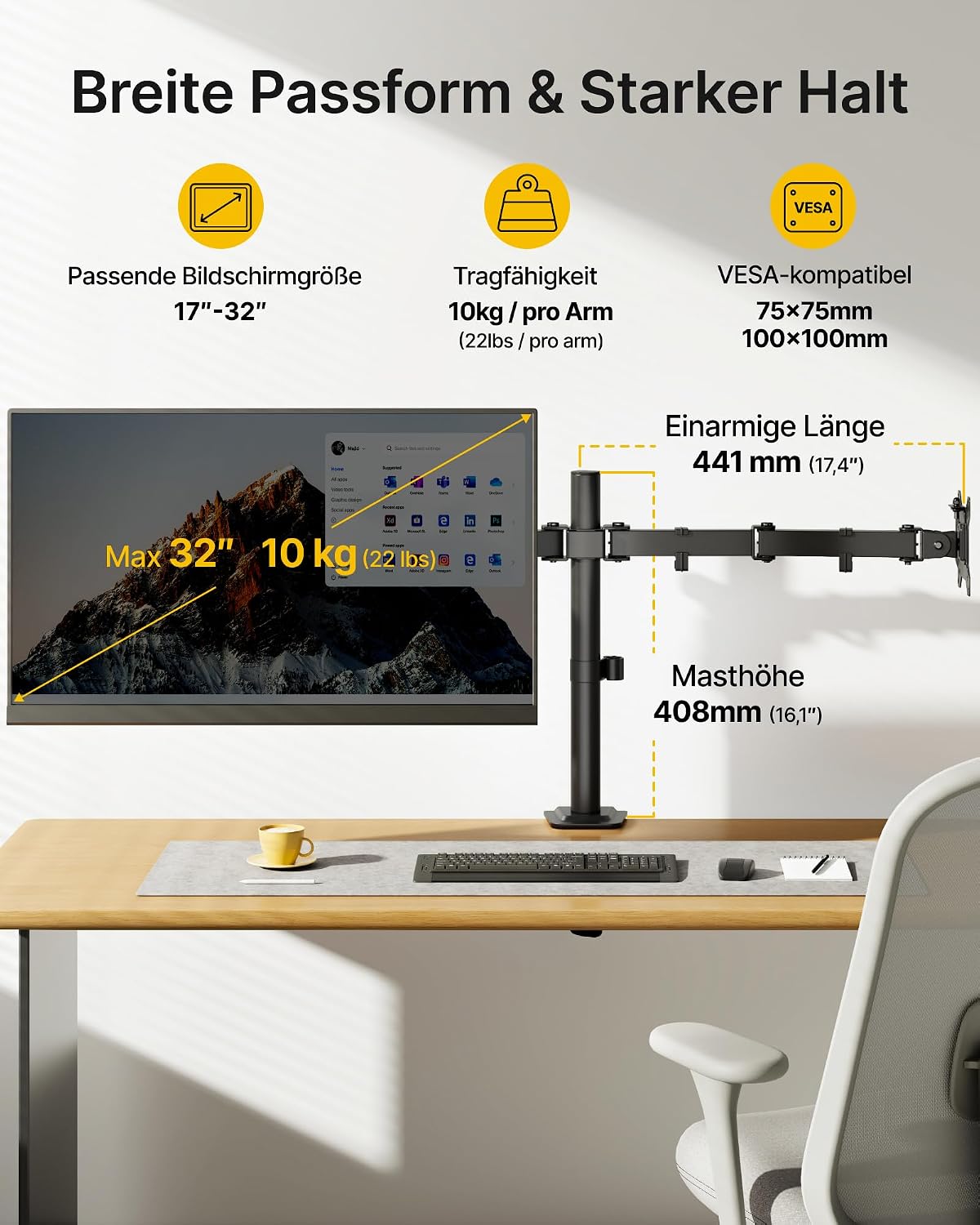 Detalle 2 de monTEK Monitor-Halterung 2 Monitore für 17–32 Zoll – höhenverstellbarer Dual-Arm mit VESA 75×75/100×100