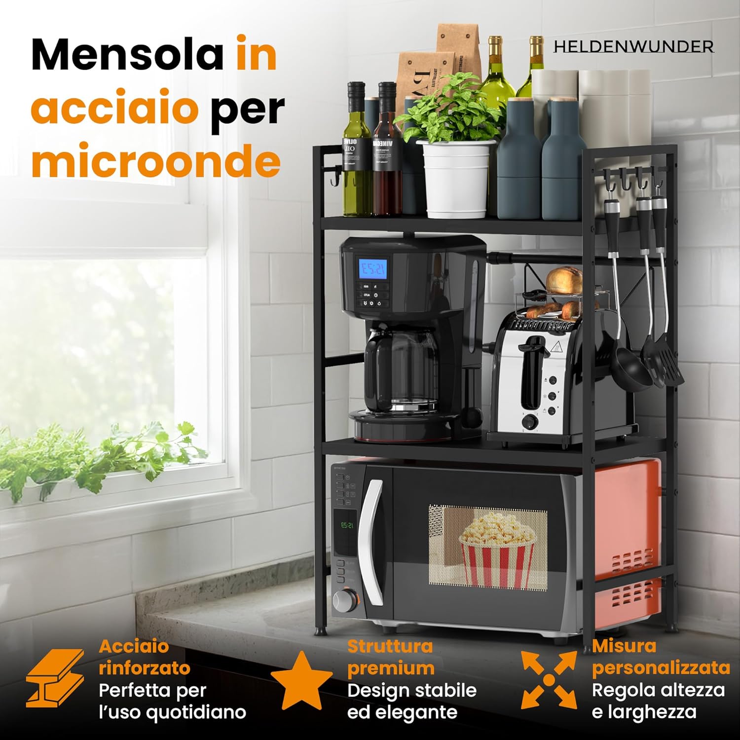 Thumbnail 2 de Heldenwunder Mensola mobile per cucina salvaspazio in acciaio con 3 ripiani, supporto microonde regolabile e ganci - nero