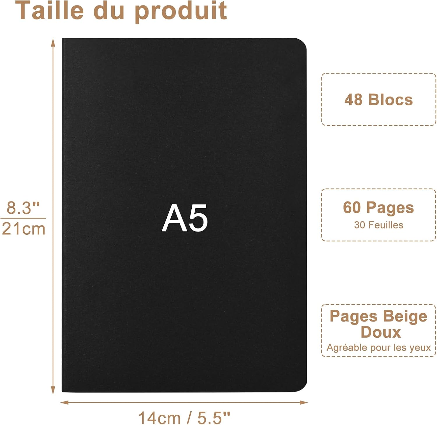 Detalle de ZCZN Cahiers A5 – Lot de 48 blocs note 60 pages, couverture kraft noire, papier FSC 80 g/m²