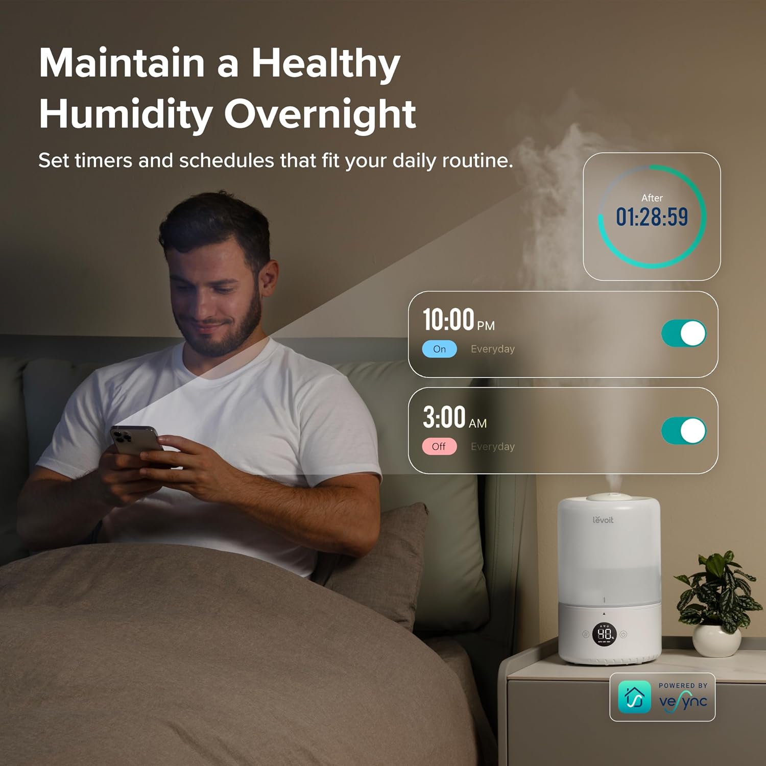 Detalle de Levoit Smart Cool Mist Humidifier for Bedroom (3L Top Fill) with Vesync, Alexa Control & Auto Mode