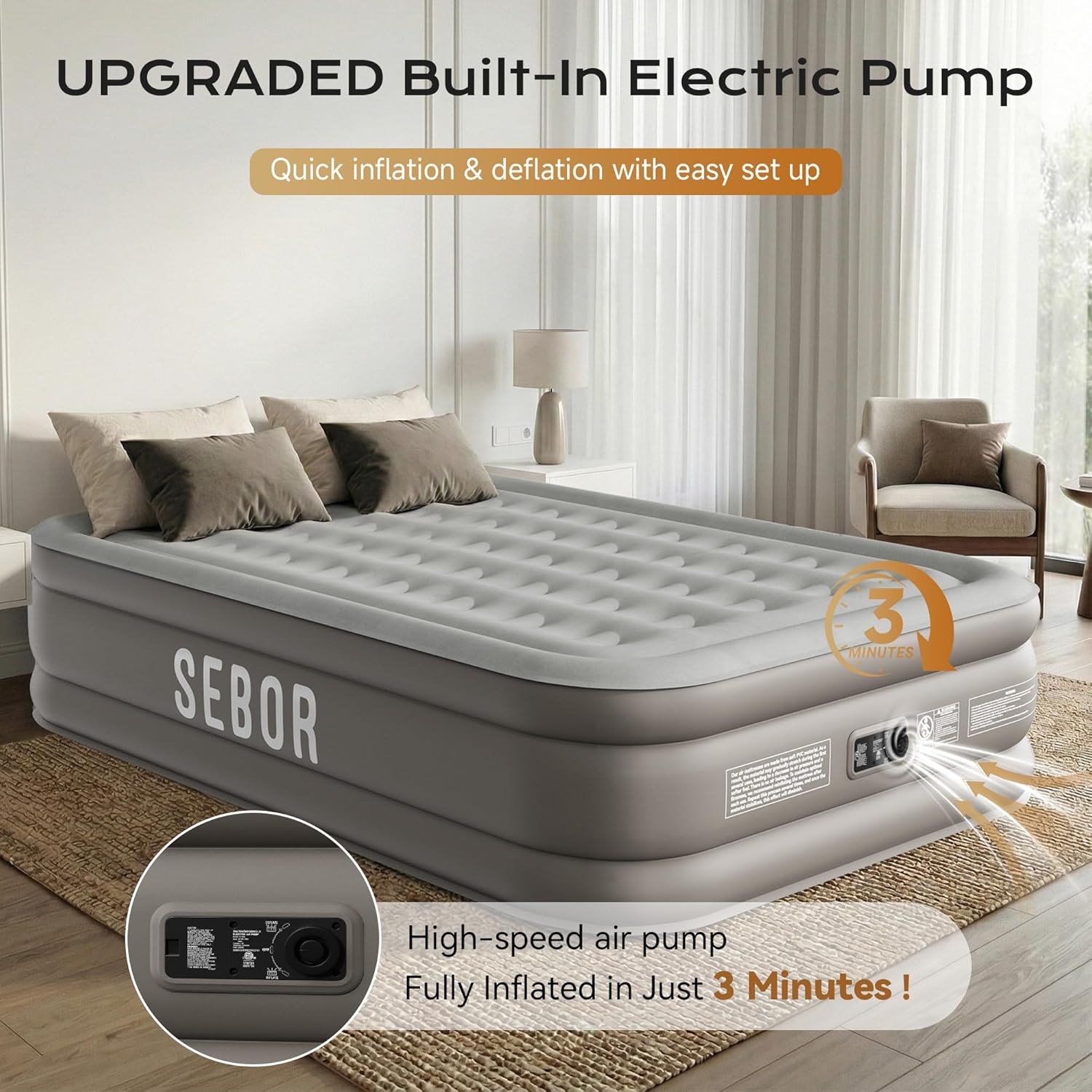 Thumbnail 3 de Sebor Air Mattress Queen with Built-in Pump — 18" Comfort, Durable PVC, portable for guests, camping, and travel