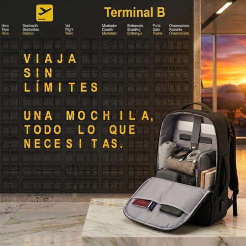 Detalle de Mochila de cabina EDIESI 40x30x20 con USB y expansión, práctica para vuelos y escapadas