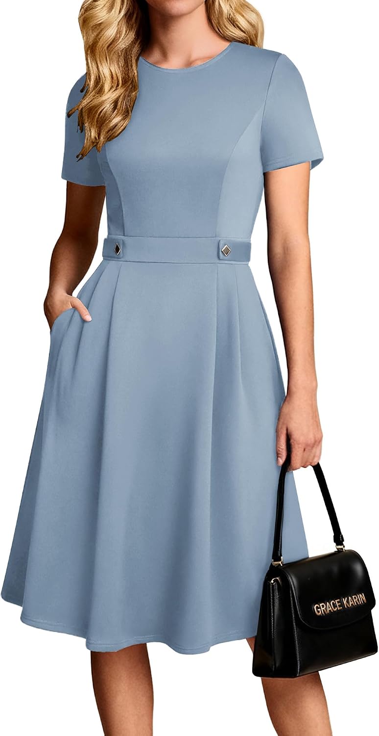 Thumbnail 6 de GRACE KARIN Damen Kleid Elegante A-Linie Rundhals mit Taschen – Vielseitiges Business- und Festkleid