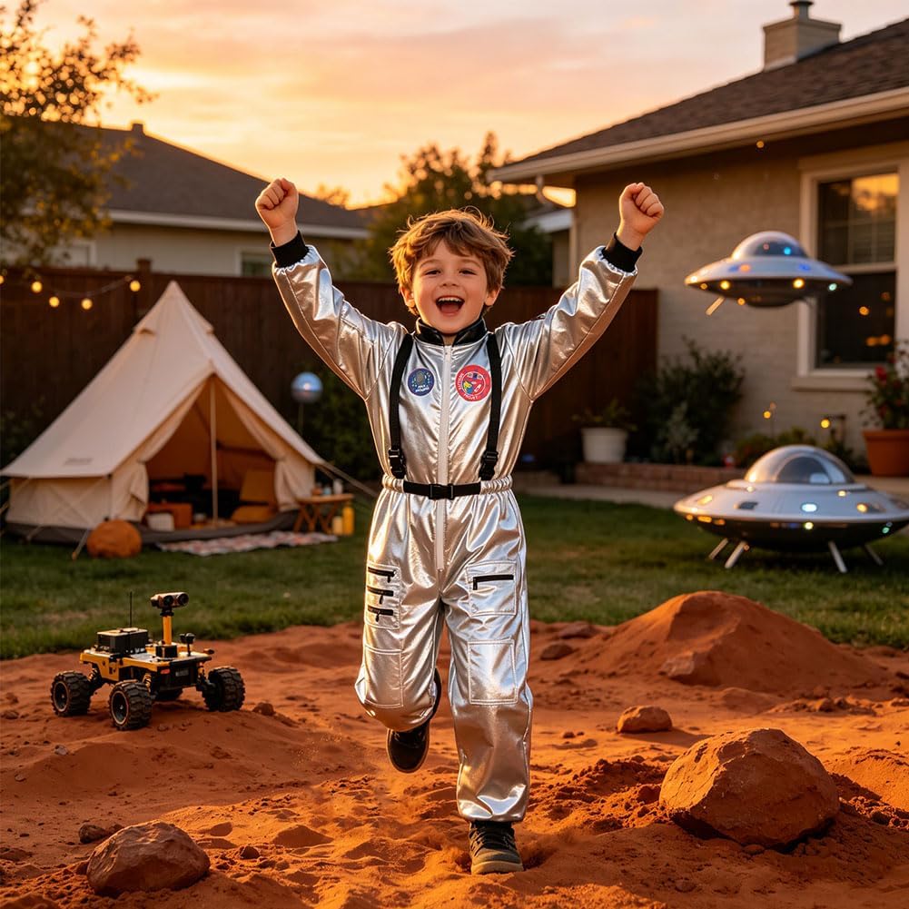 Detalle 1 de AUYAO astronautenkostuum voor kinderen met zilveren overall en ritssluiting