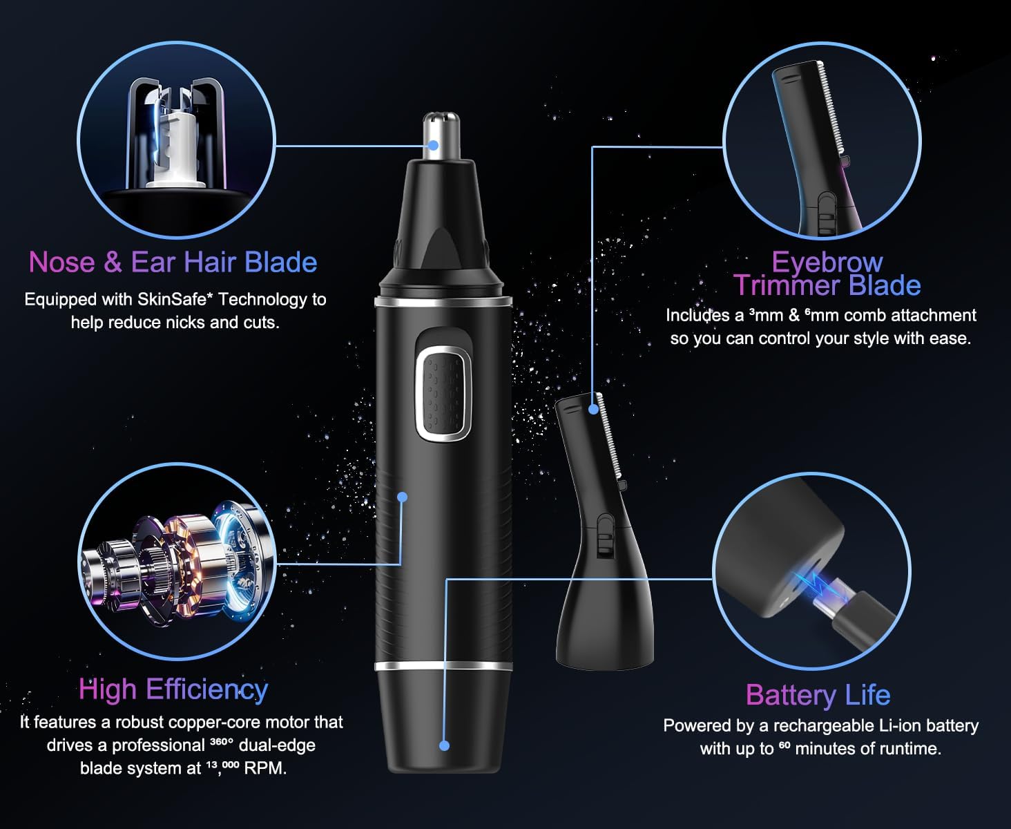 Thumbnail 6 de Nose Hair Trimmer for Men with Dual Edge Blades, USB-C Rechargeable (IPX7) – Black