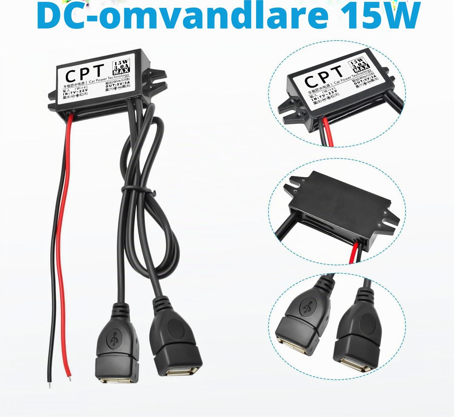Thumbnail 3 de Heemol 12 V till 5 V USB-omvandlare med dubbel USB, 3 A och 15 W
