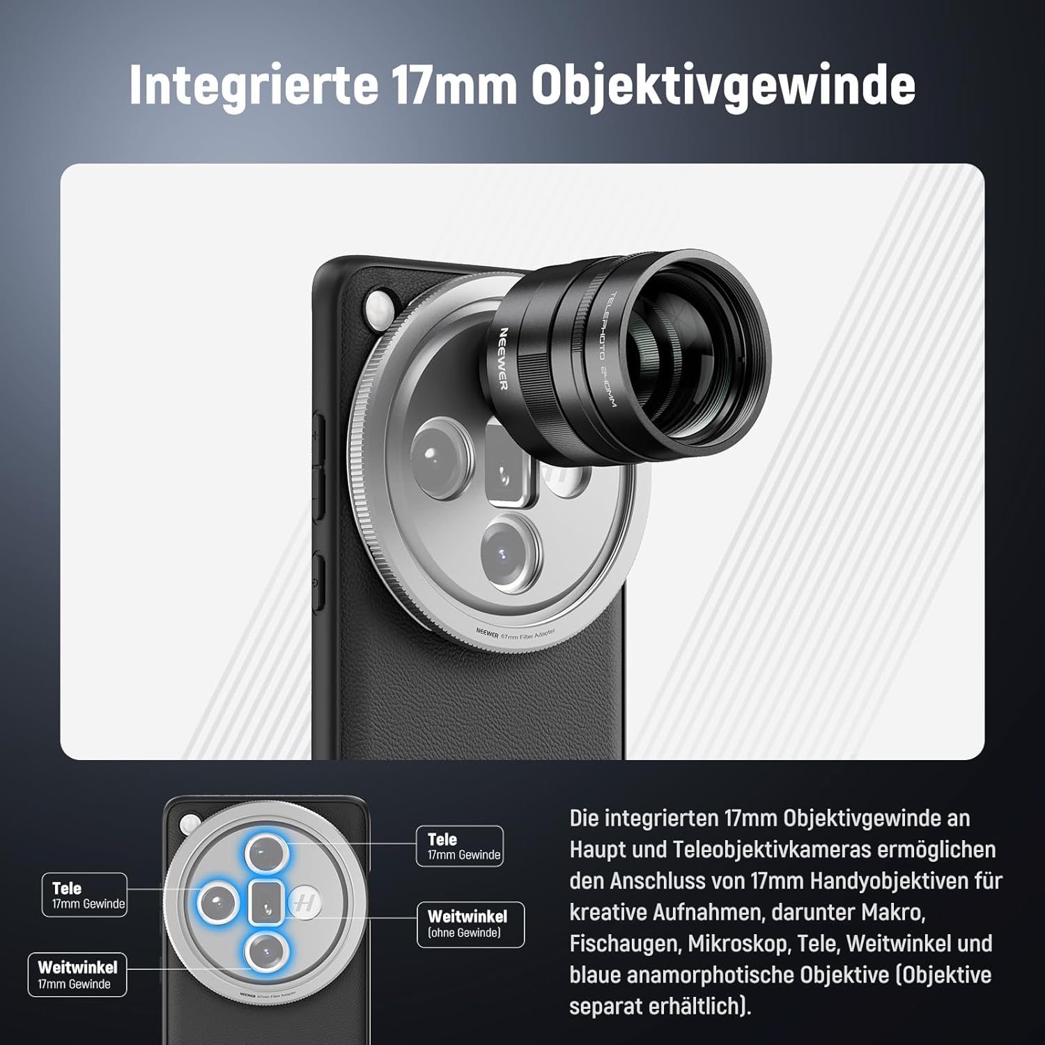 Thumbnail 2 de NEEWER Handy-Schutzhülle für Oppo Find X8 Ultra (TPU/PC Kunstleder), inkl. 17-mm Objektivhalterungen & 67-mm Filteradapter – Schwarz/Silber