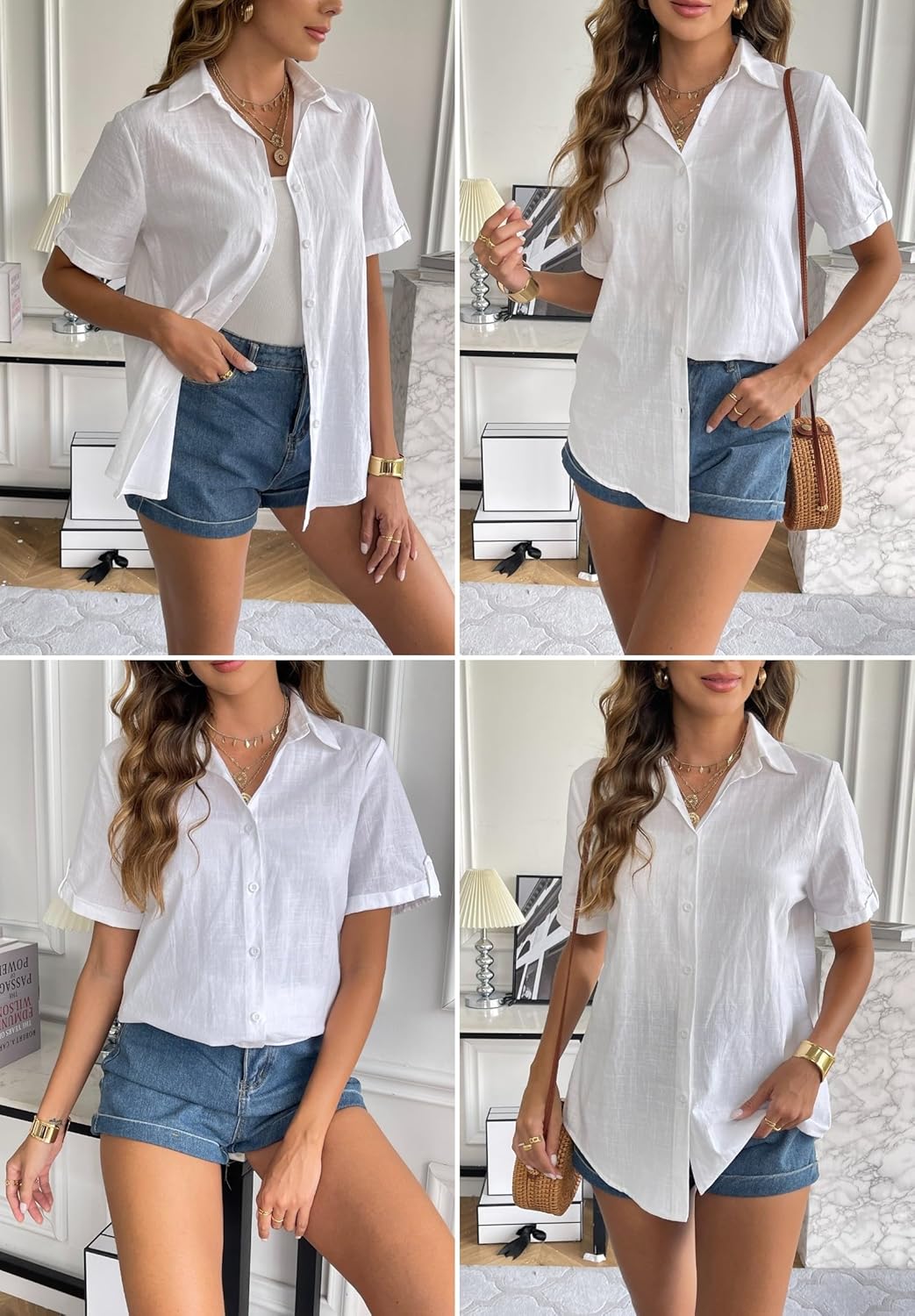 Thumbnail 4 de Zeagoo Women’s Cotton-Linen Button-Down Shirt, Rolled Cuff Short Sleeve V-Neck Blouse