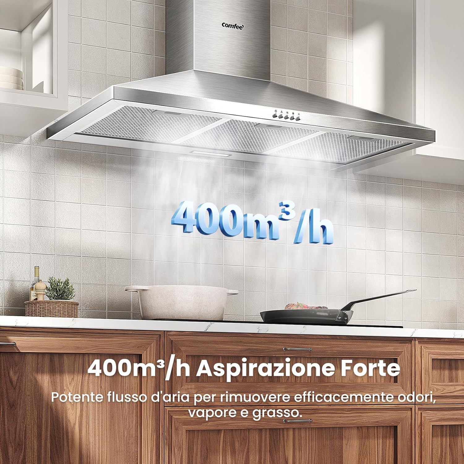 Thumbnail 2 de COMFEE' Cappa Aspirante PYRA17SS-90 in Acciaio Inossidabile – 90 cm con LED, Sistema di Ricircolo e Canalizzazione
