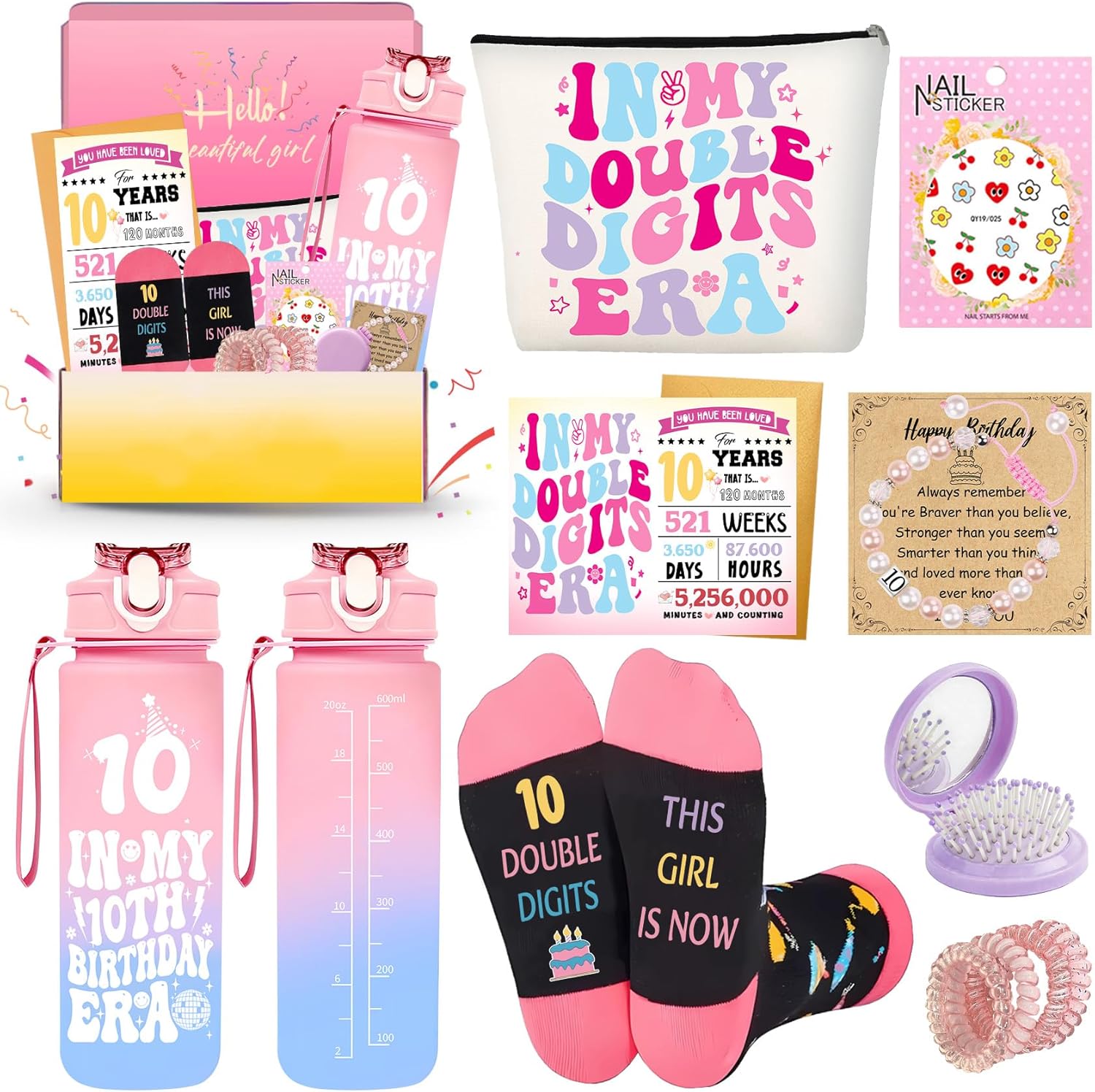 10 Year Old Girl Birthday Gifts Set (10th Birthday Gift Ideas) with 20oz Water Bottle, Makeup Bag, Hair Accessories & More