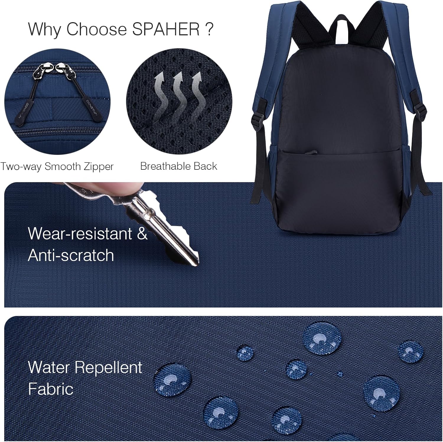 Detalle de SPAHER Bagage Cabine 40x30x15 cm – Sac à dos nomade 20 L imperméable, adapté 15,6 pouces