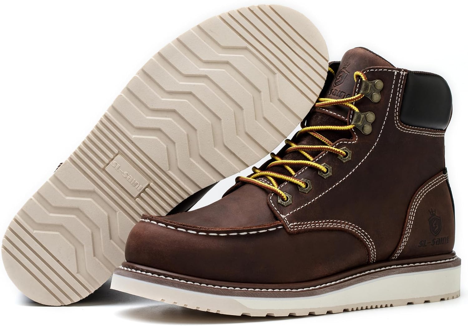 Detalle de SL-Saint Bottes de travail imperméables Steel/Soft Moc Toe Classic Goodyear-welted 6'' pour hommes – Marron
