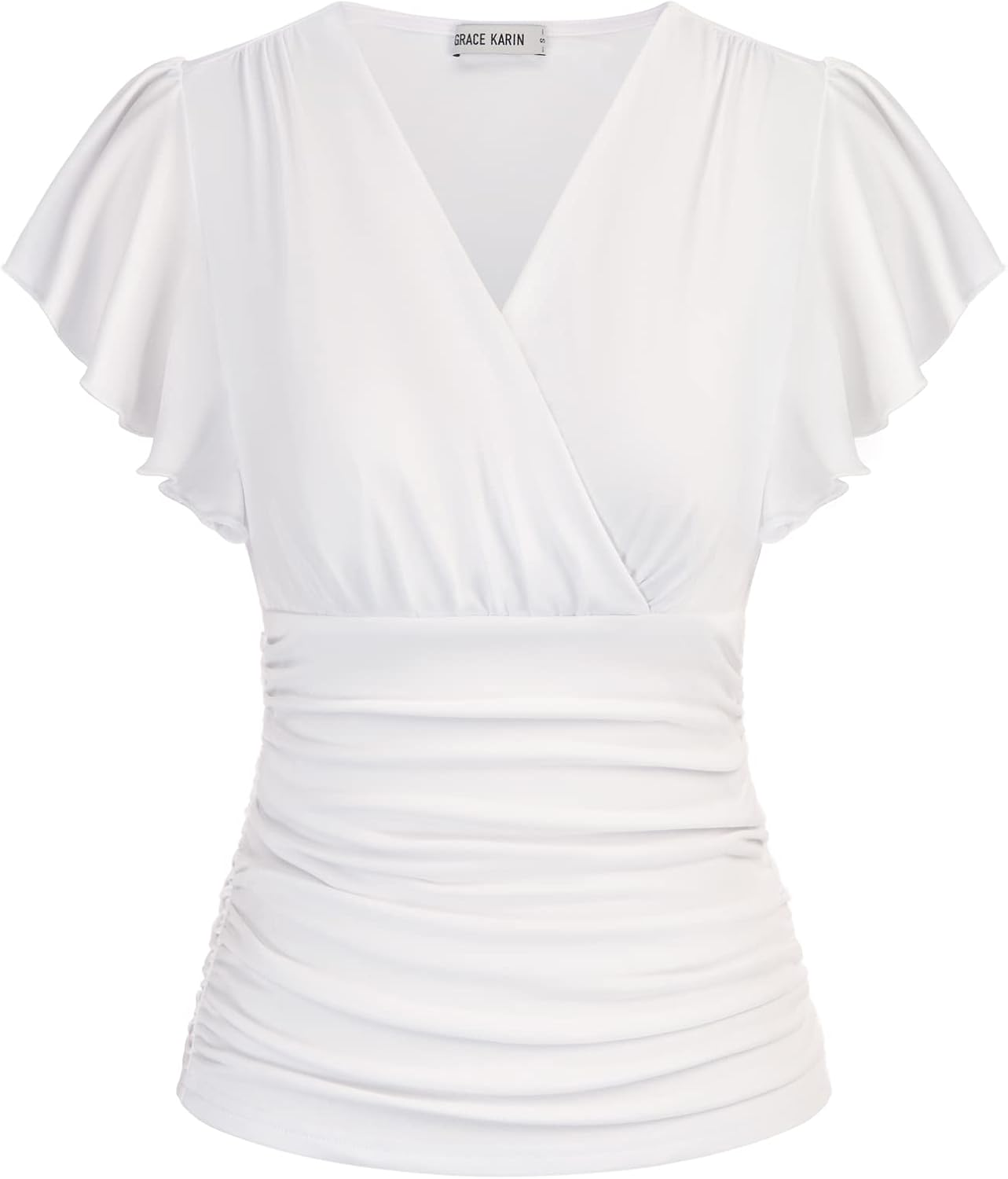 Detalle de GRACE KARIN Women’s V-Neck Ruched Summer Top with Ruffle Sleeves (Short Sleeve)