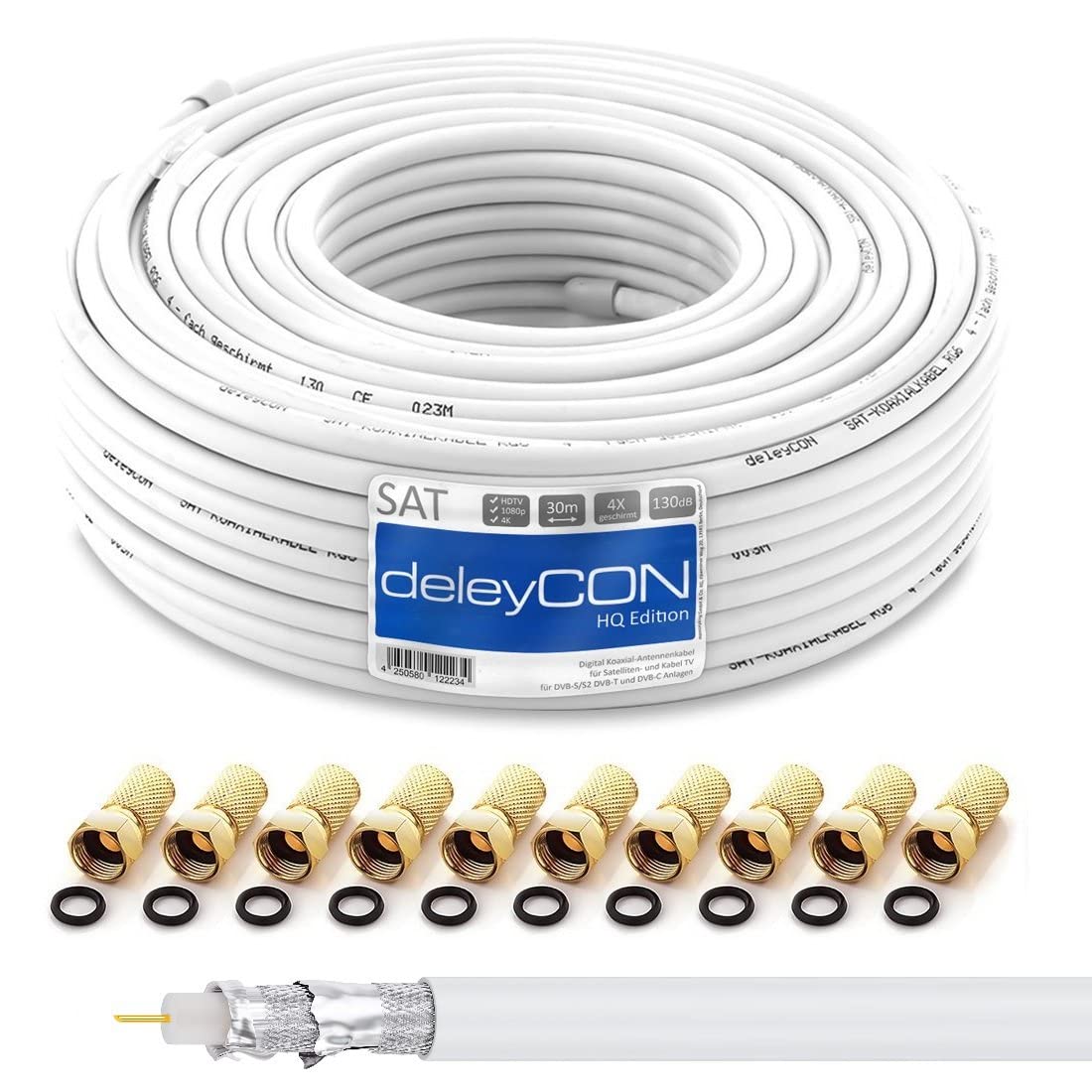 Detalle de deleyCON HQ 30 m SAT Koaxialkabel MK1230 – 4-fach geschirmt, 130 dB, für DVB-S/S2, DVB-T und DVB-C