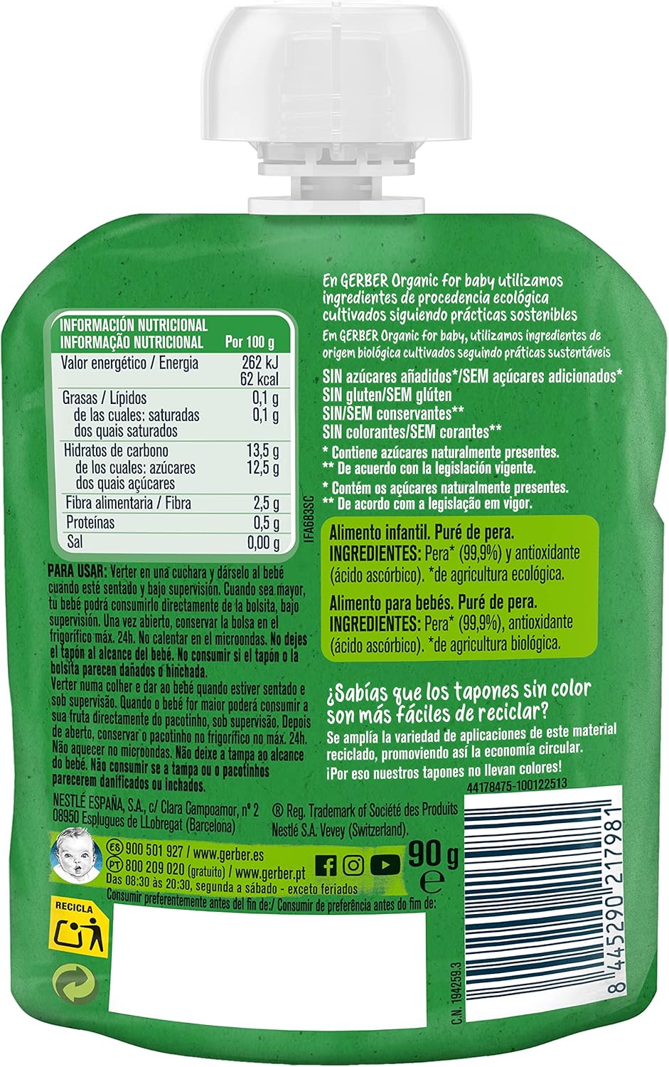 Detalle de GERBER Organic Pera, Bolsitas de Puré para Bebés 7x90g 🍐