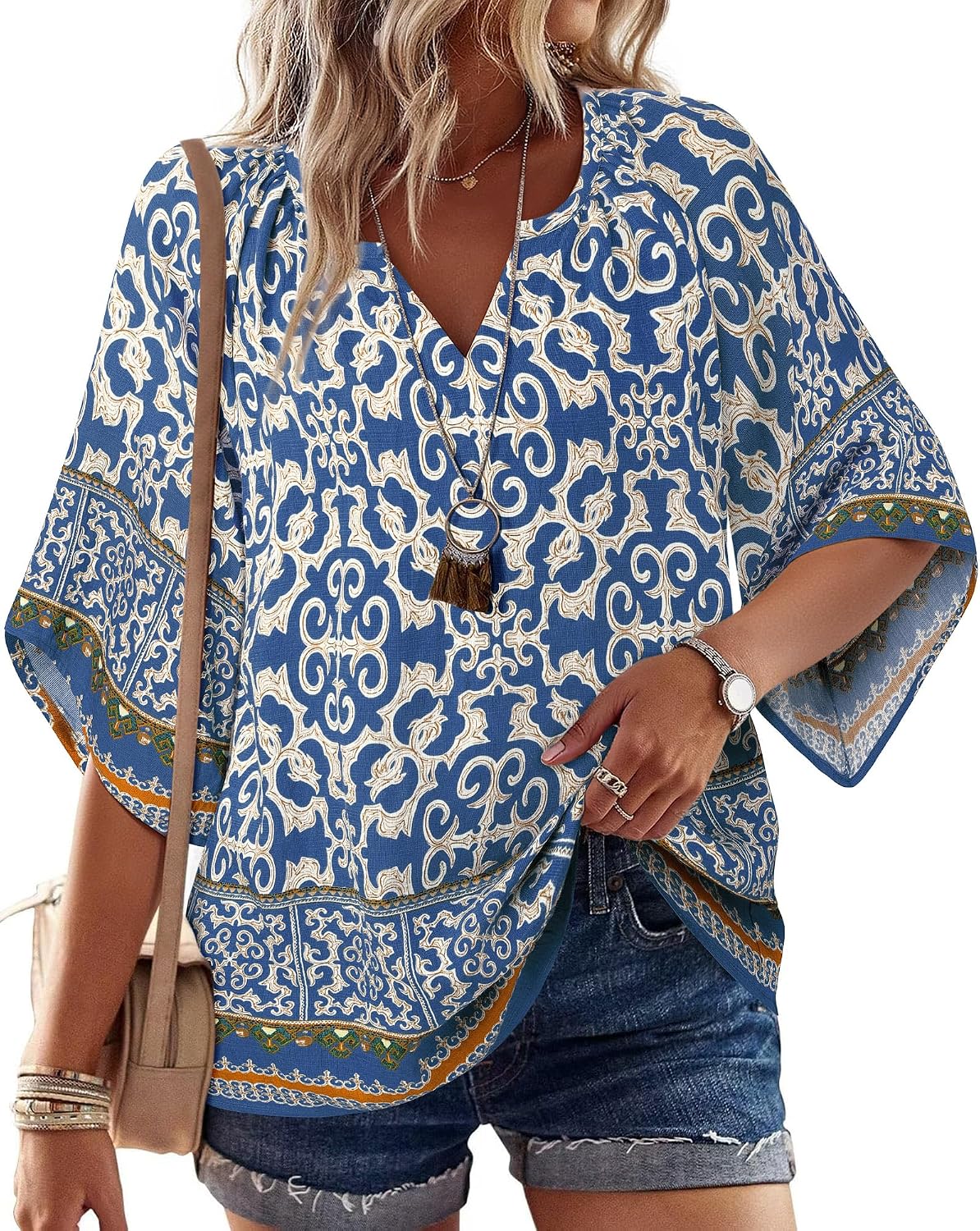 Detalle de Bebonnie Women's 3/4 Sleeve V-Neck Bohemian Peasant Blouse