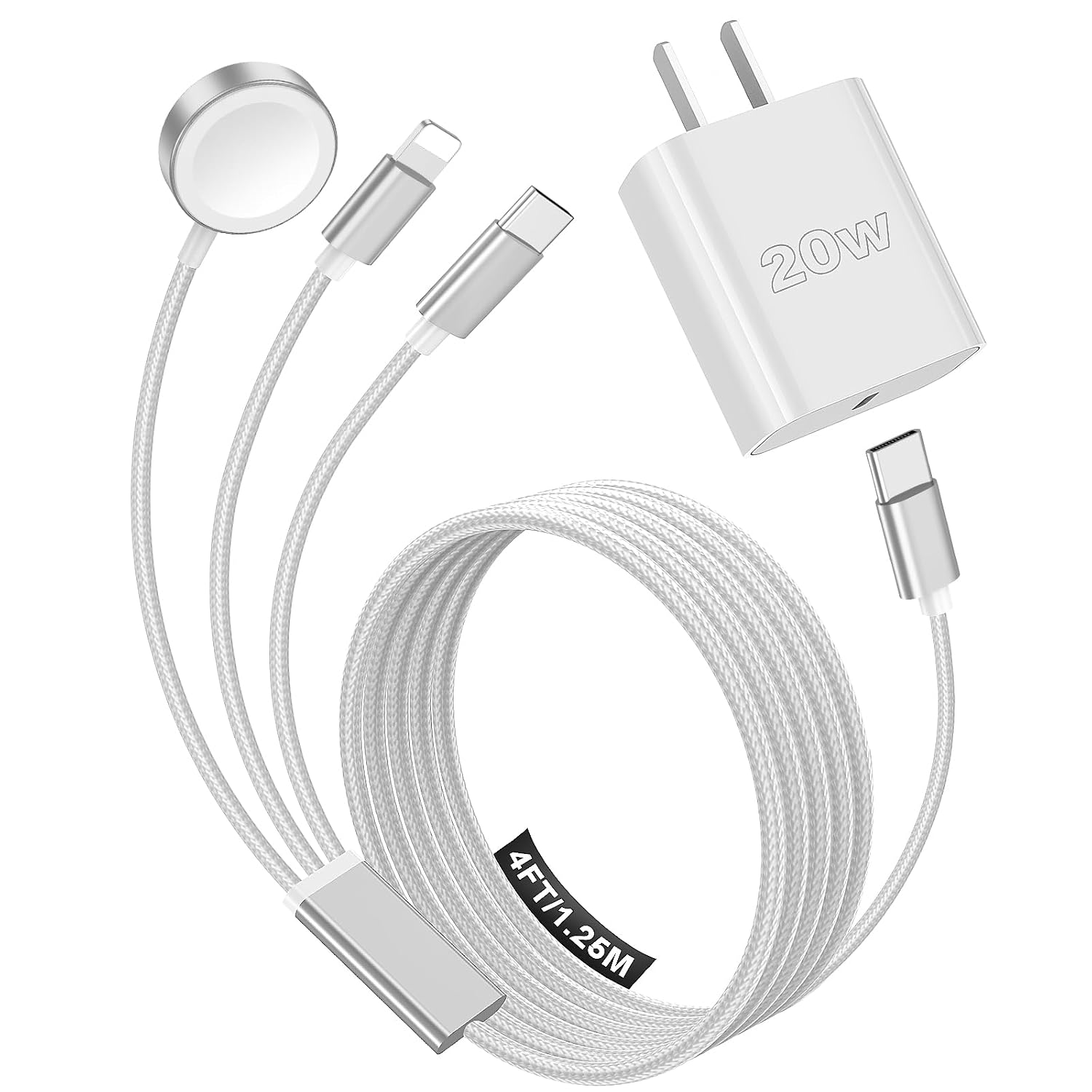 Detalle de toaksi W9-001 3-in-1 Charging Cable with 20W USB-C Charger, 4 ft