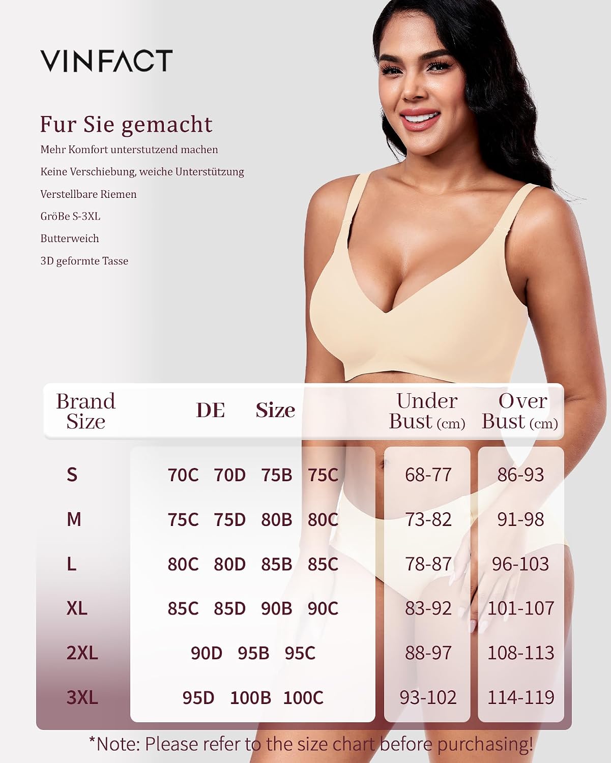 Detalle 2 de Vinfact Nahtloser BH Damen Ohne Bügel – Push-up, V-Ausschnitt, kabellos, für Große Brüste