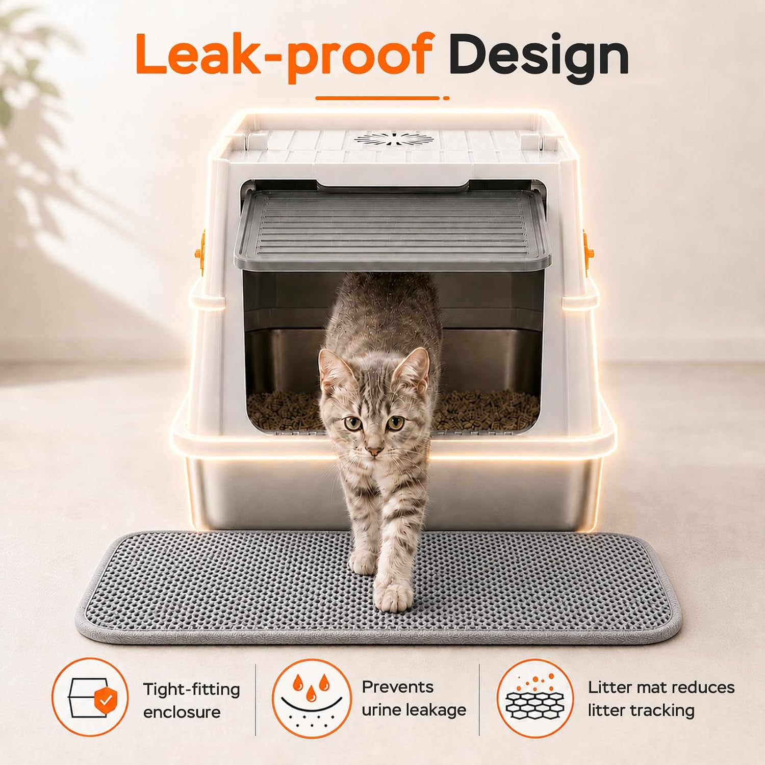 Detalle 2 de Devopet Small Enclosed Stainless Steel Cat Litter Box with Carbon Filter and Mat