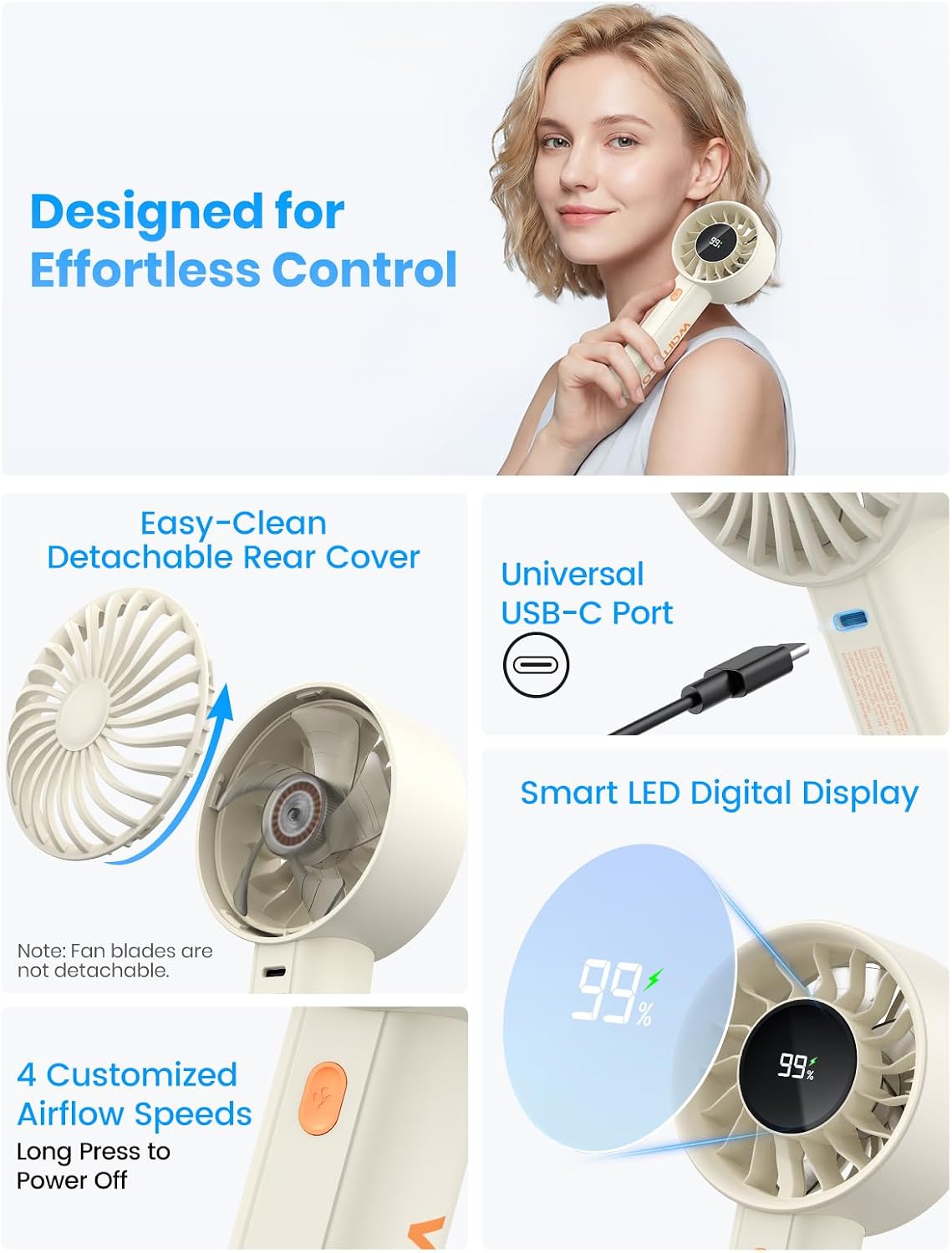 Thumbnail 3 de Warmco Portable Handheld Turbo Fan 5000mAh – 4-Speed Mini Fan with Base & Lanyard, USB Rechargeable, White