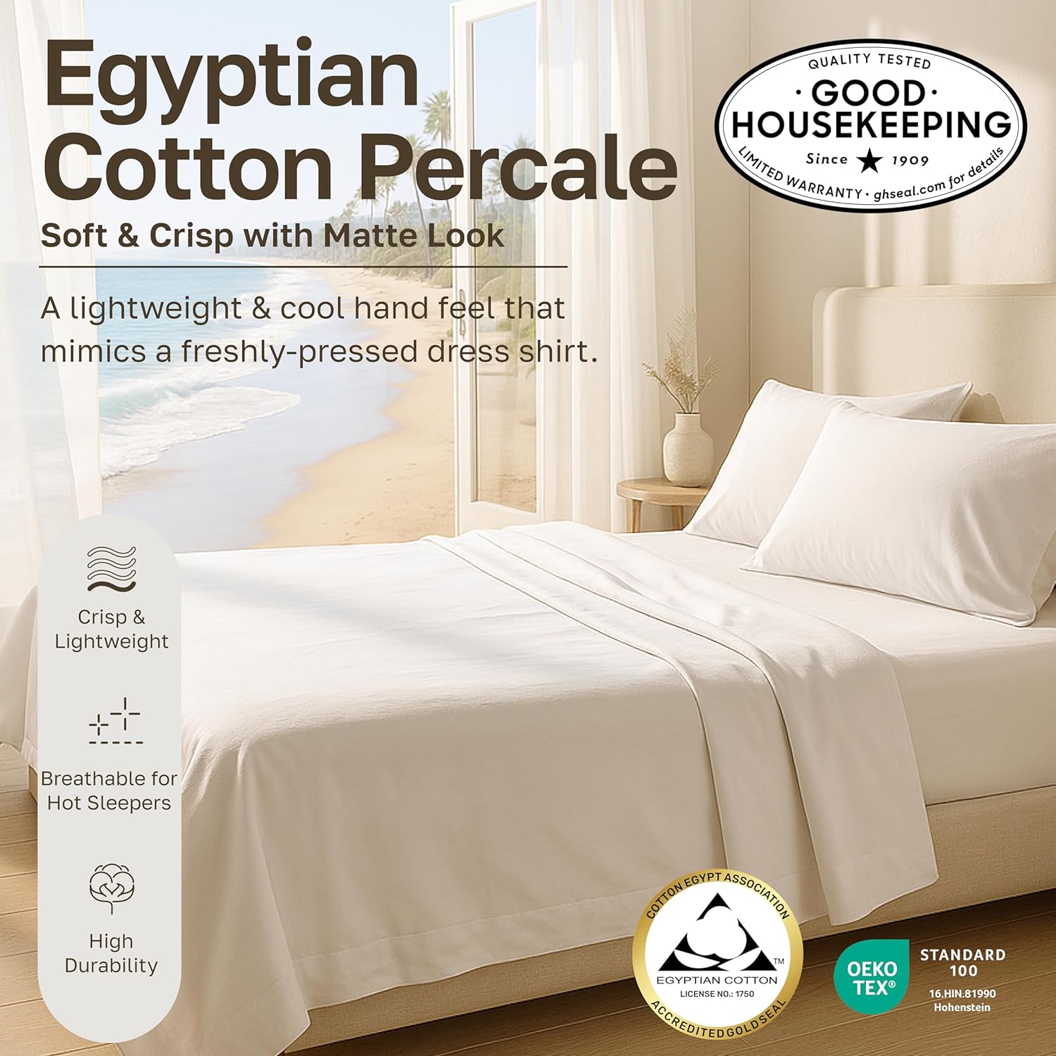 Detalle de California Design Den Certified 100% Egyptian Cotton King Percale Sheet Set with Deep Pockets
