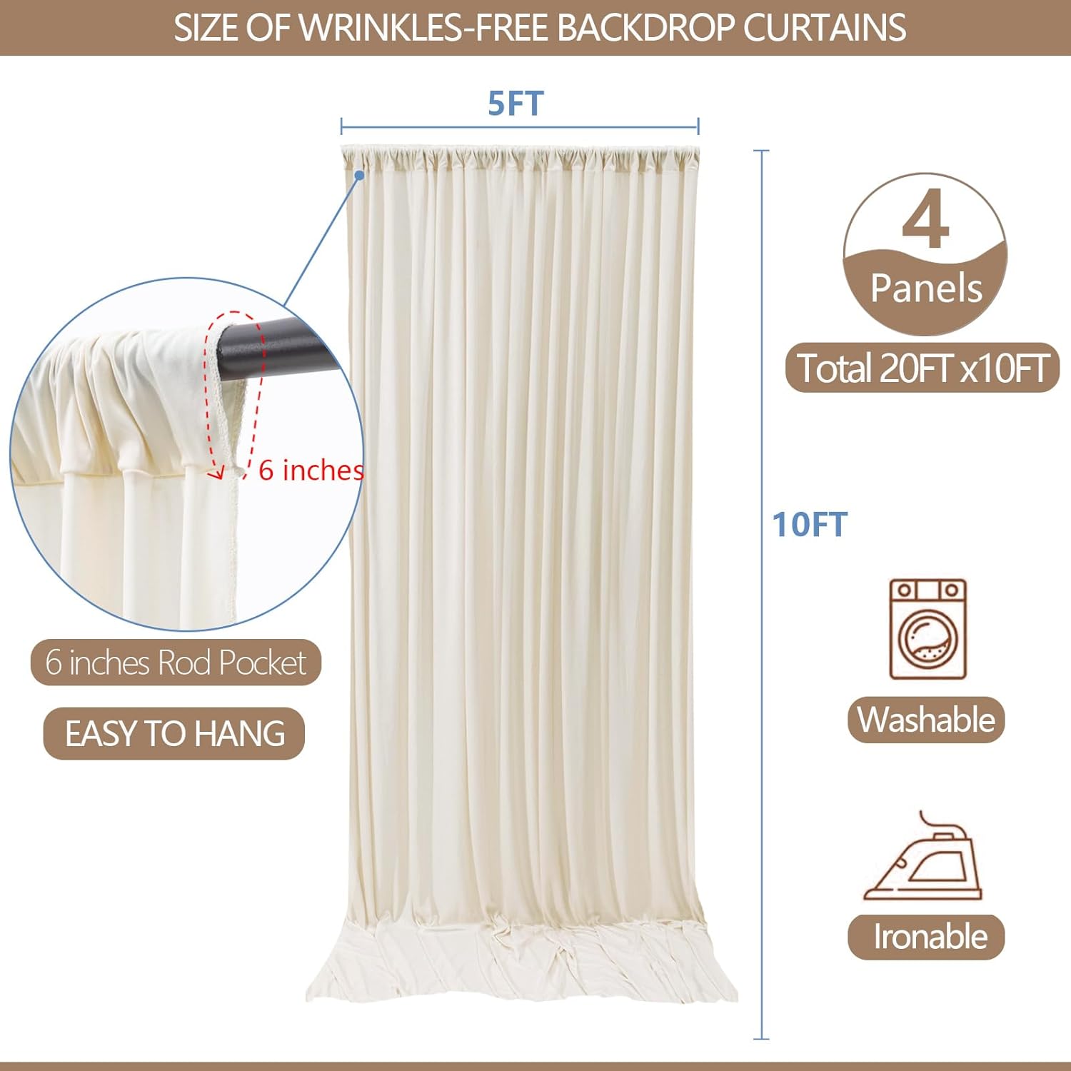 Thumbnail 2 de ESGOTBME 20x10ft Wrinkle-Free Ivory Backdrop Curtain (4 Panels, Soft Drape for Parties & Photography)