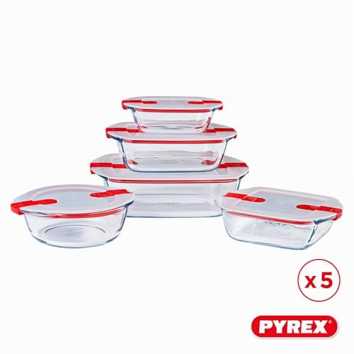 Detalle de Pyrex Cook & Heat – Lot de 5 Boîtes en Verre Borosilicate, Couvercles Hermétiques avec Valve vapeur, Made in France