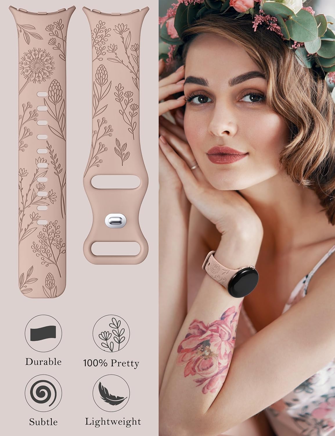 Detalle de TOYOUTHS 2-Pack Floral Engraved Strap for Google Pixel Watch (41mm) – Soft Silicone Sport Loop Bands