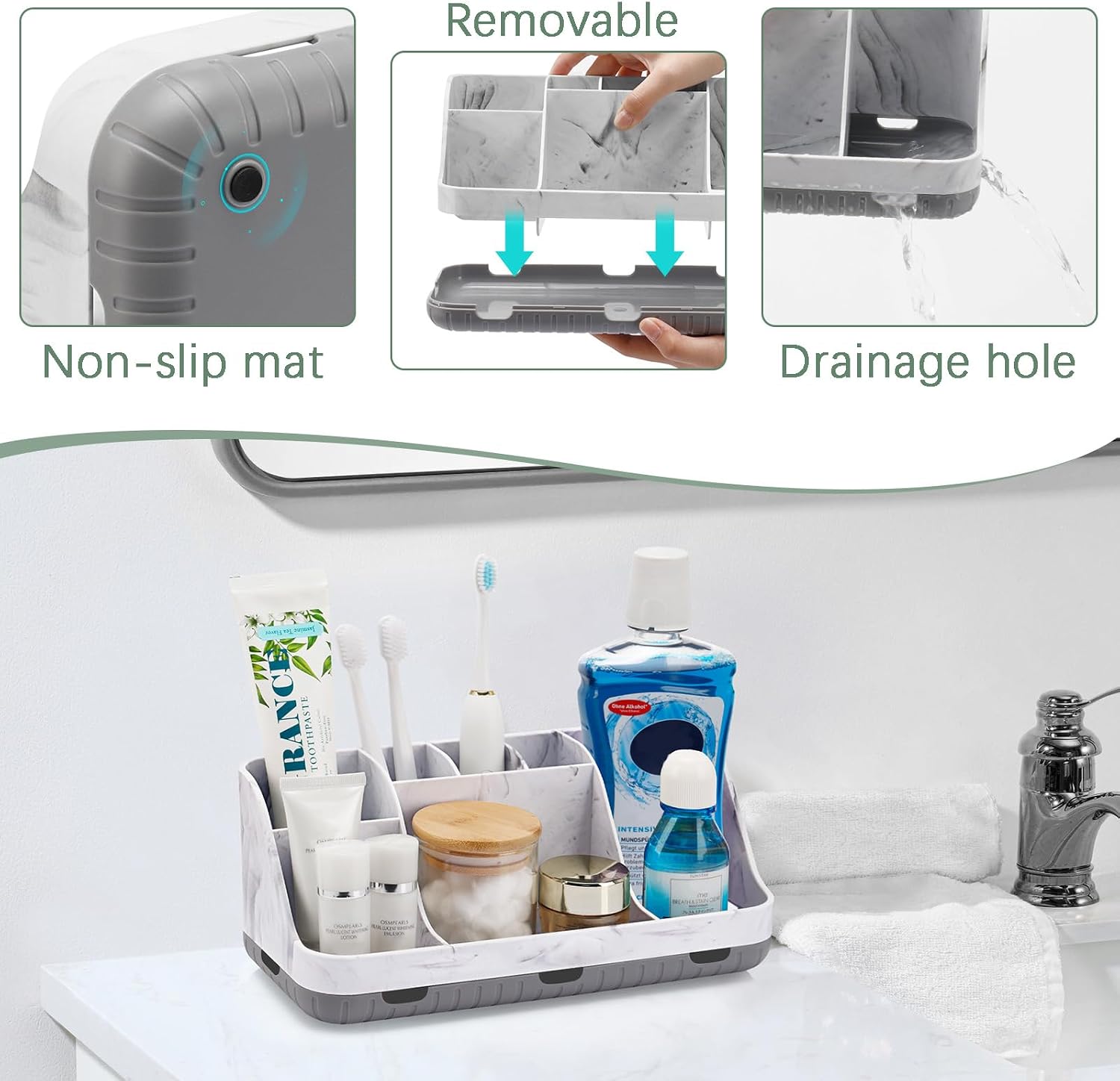 Detalle 2 de GFWARE Bathroom Countertop Organizer Toothbrush Holder, Marble Grey, 7 Compartments