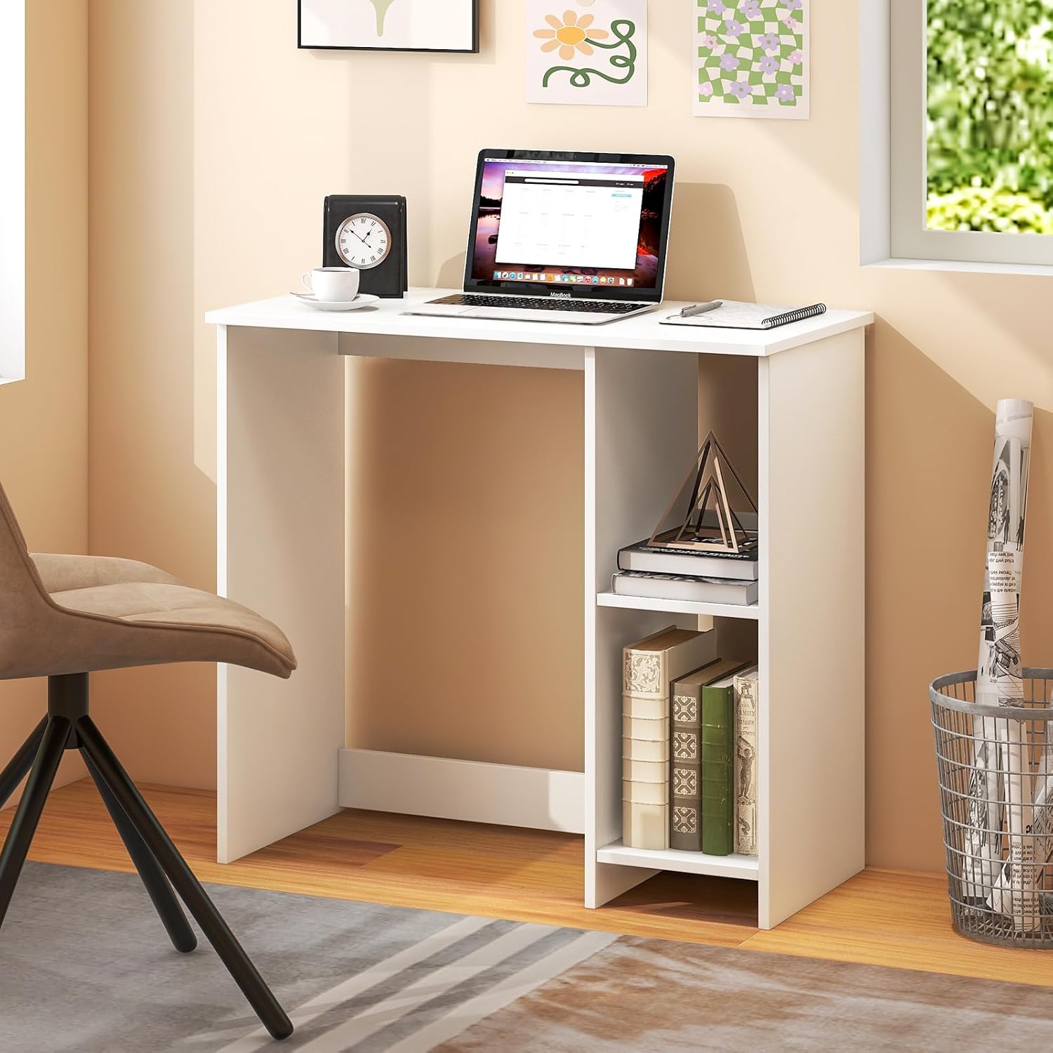 Thumbnail 1 de COSTWAY Bureau d'Ordinateur — Table de Travail compacte 80 cm, rangement à 2 niveaux, blanc