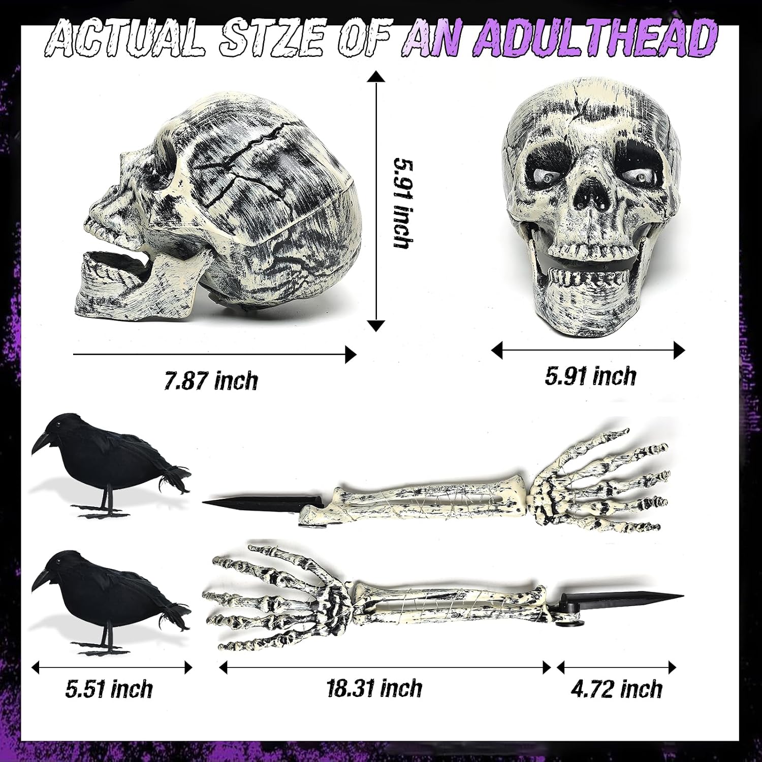 Detalle de Jkwiwe KLT-ZSQ Halloween Skeleton Stakes with 2 Crows, Adjustable Arms and Jaw