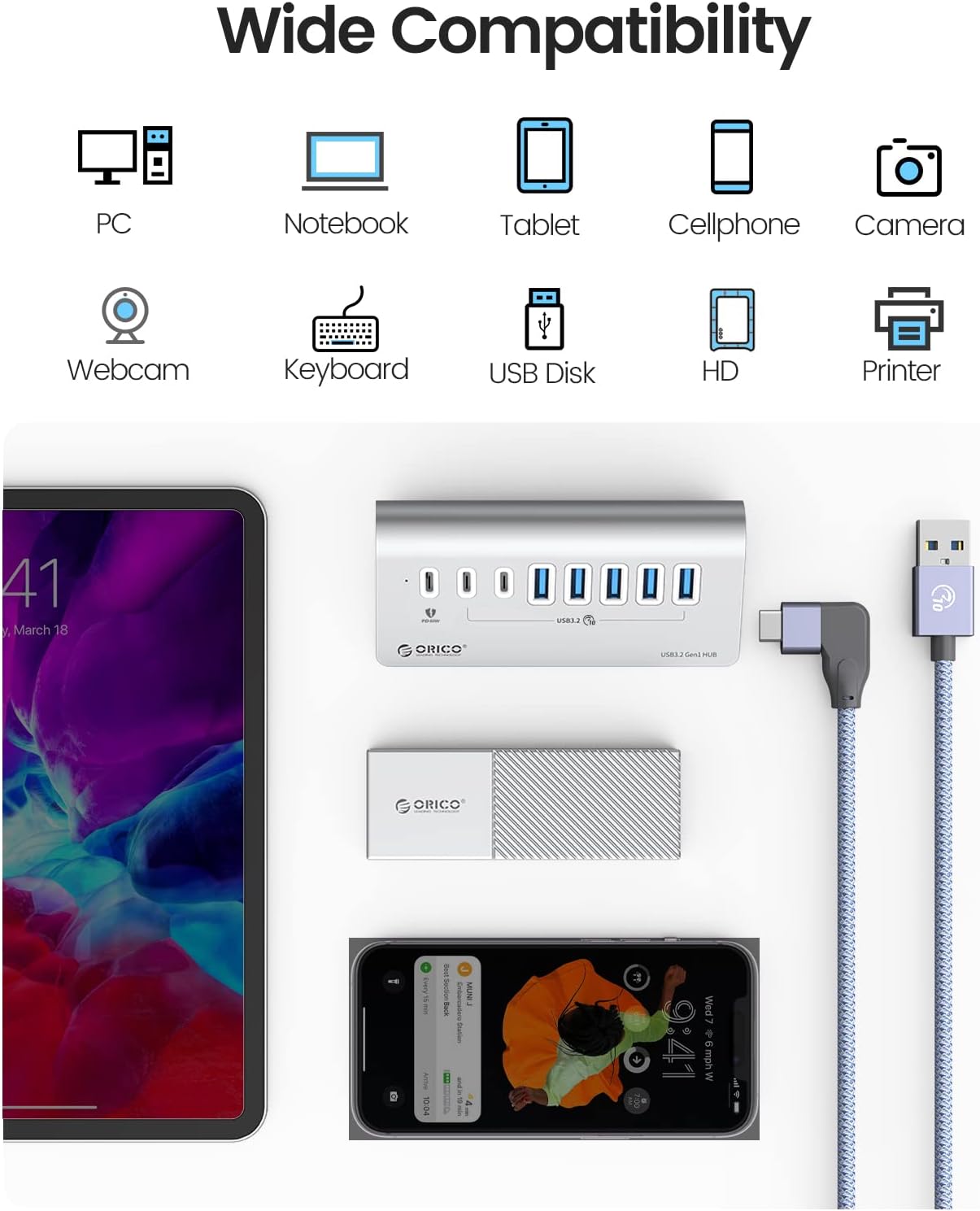 Thumbnail 6 de ORICO USB C 3.2 Gen 2 Hub 7 porte con 10 Gbps e PD 60W, alluminio, 4x USB-A e 2x USB-C