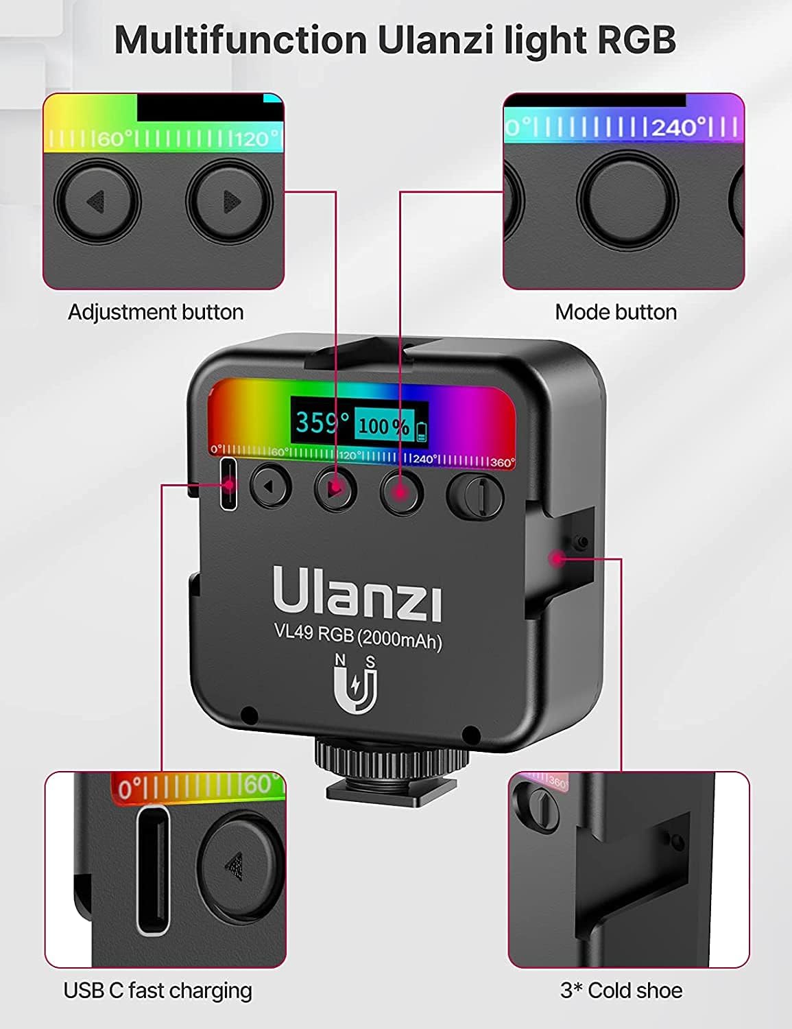 Detalle de ULANZI VL49 RGB video light 66mm