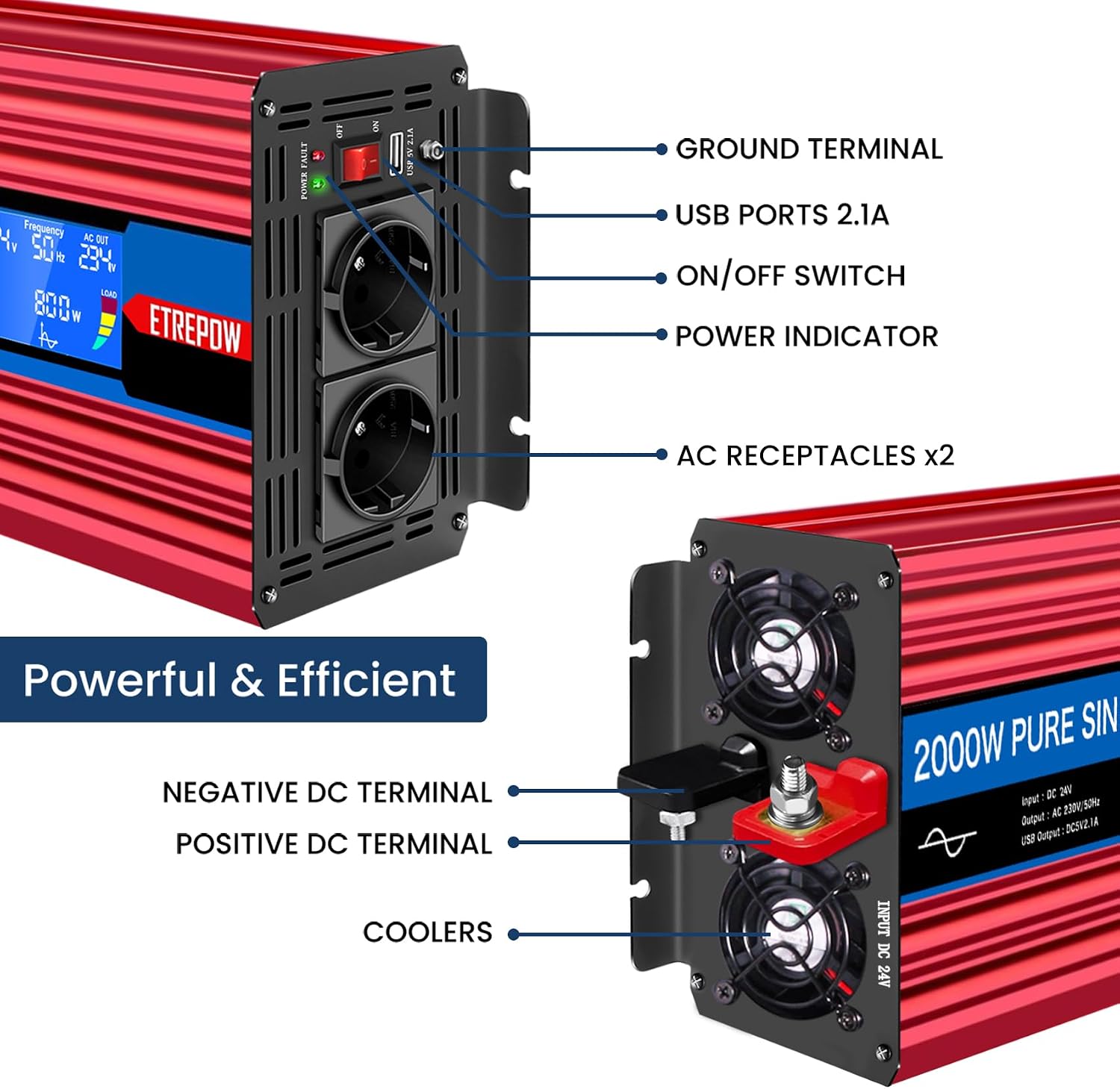 Detalle de ETREPOW 2000W Inverter 24V a Onda Pura 220V con TeleComando Wireless, Display LCD e 2 prese EU + USB