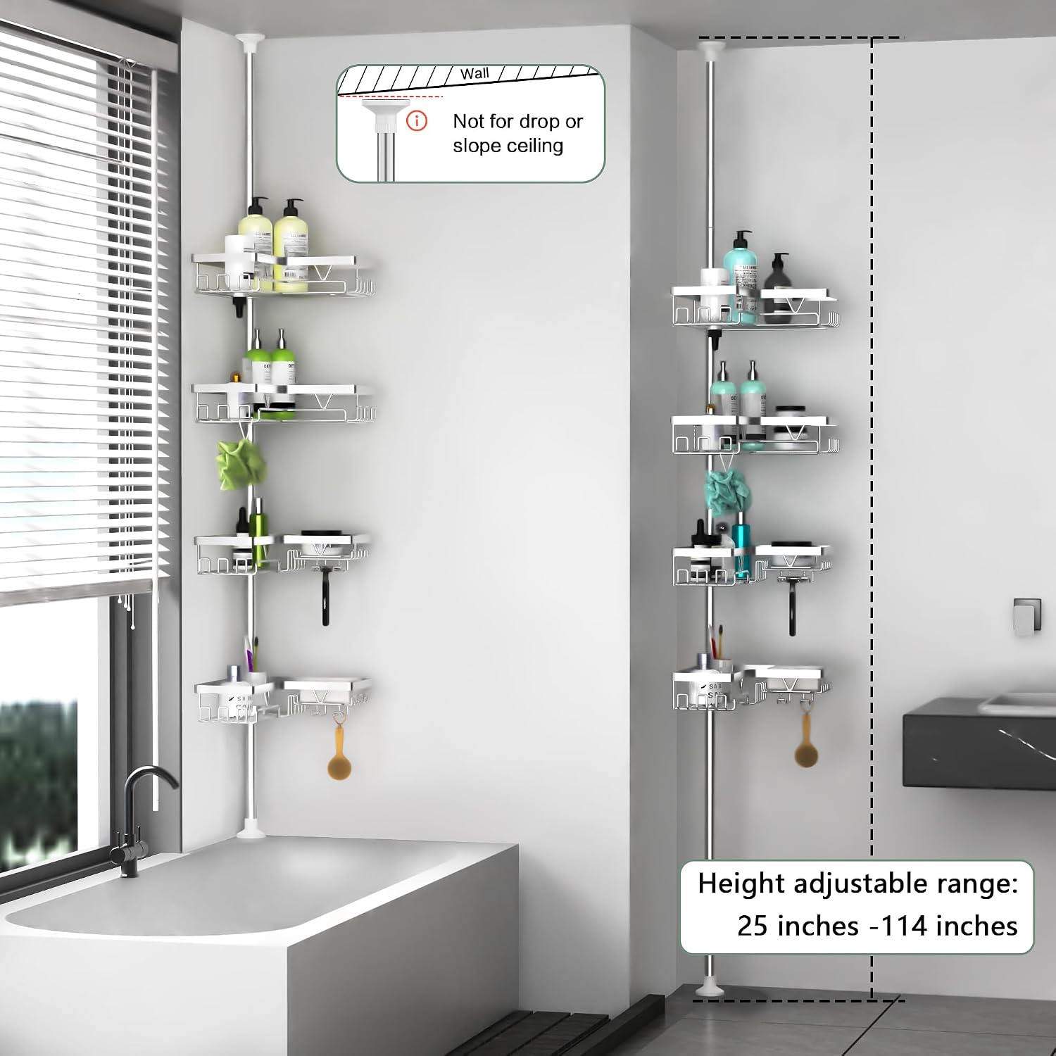 Detalle de Cooeco Corner Shower Caddy with 4 Baskets (height adjustable telescopic pole, no-drill, rustproof)