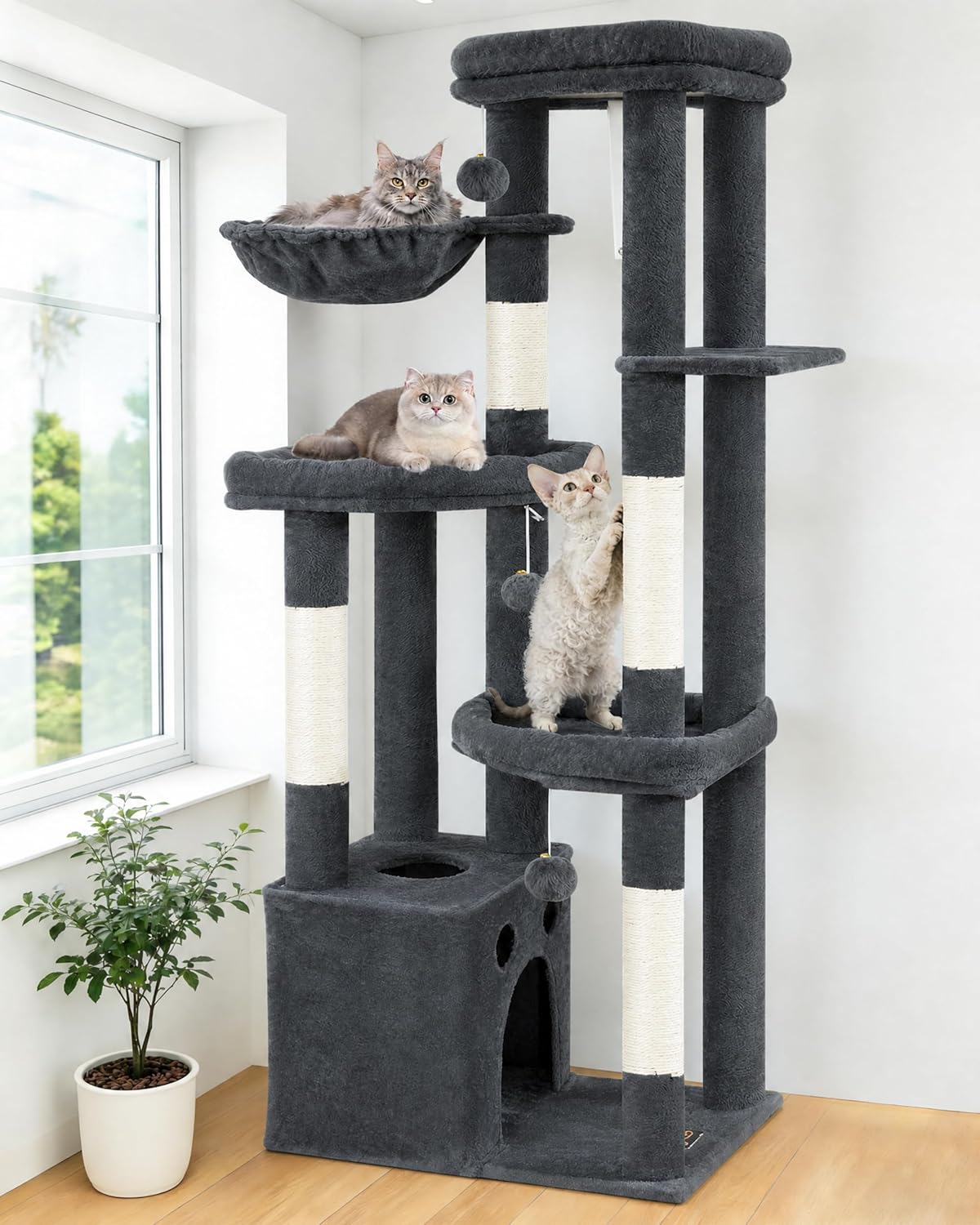 Detalle de Kratzbaum Groß 170 cm hoch – XL-Katzenkratzbaum mit 4 Säulen und viel Platz für Mehrkatzen