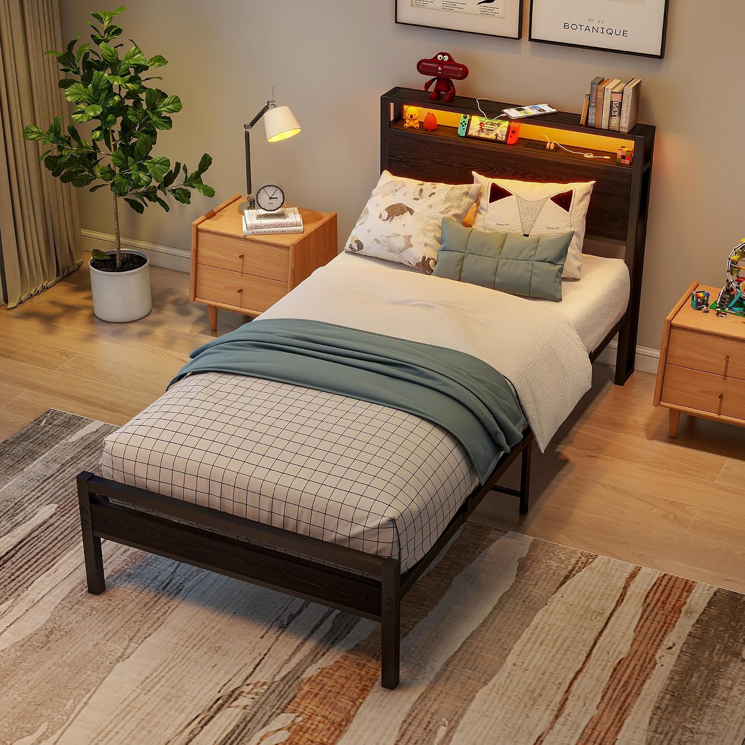 Detalle 2 de BORPHOM Letto in metallo e legno 90x200 cm con ricarica USB-C e vano portaoggetti