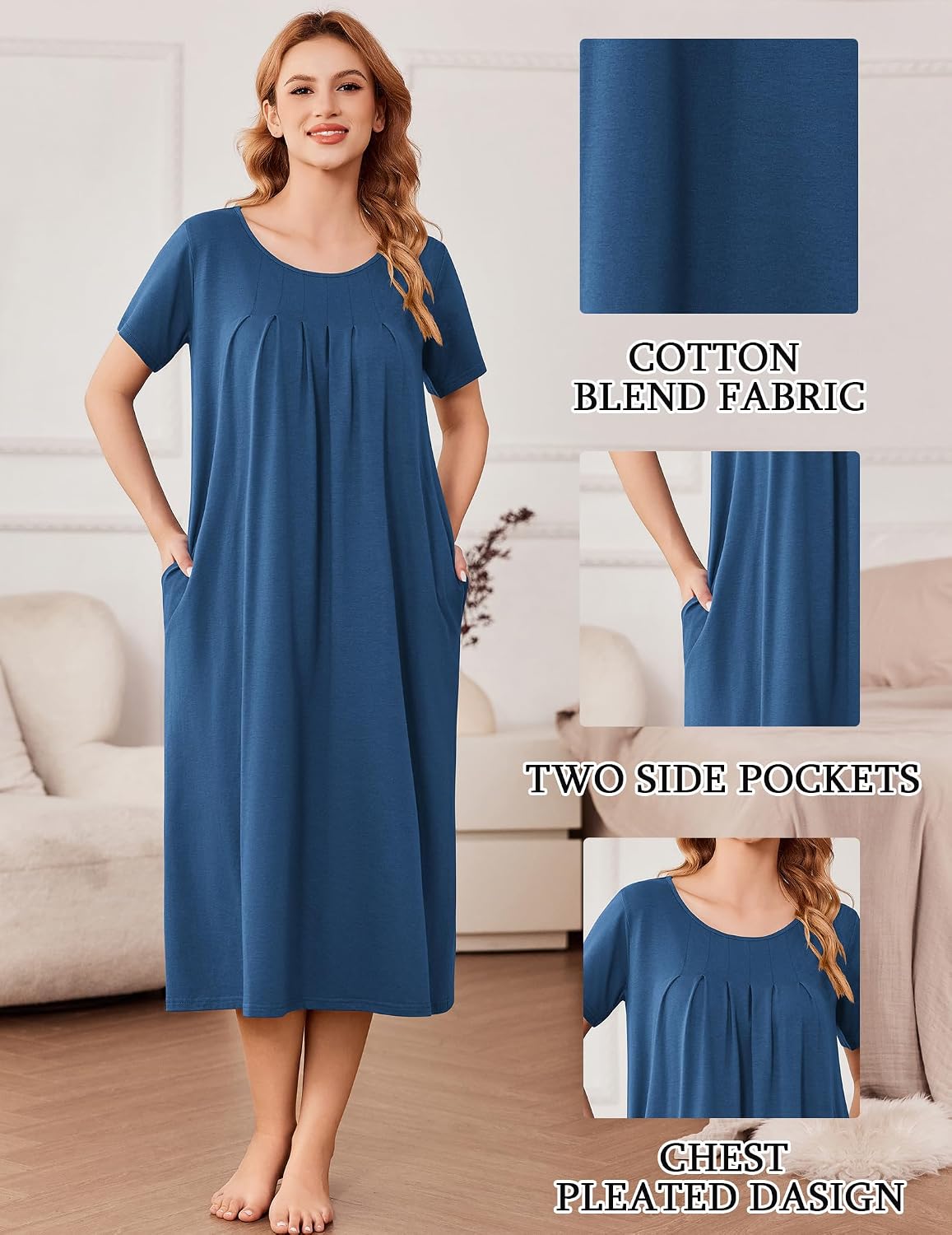 Detalle 2 de Ekouaer Cotton Nightgown for Women, Long Pocketed House Dress, S–3XL