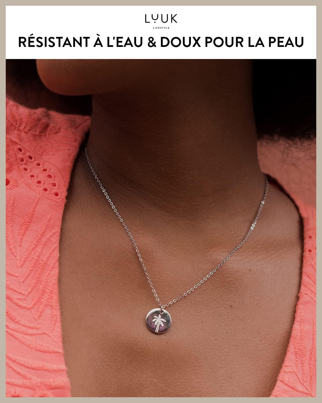 Thumbnail 2 de LUUK LIFESTYLE Collier en acier inoxydable avec pendentif palmier et carte cadeau HAPPINESS, 50 cm