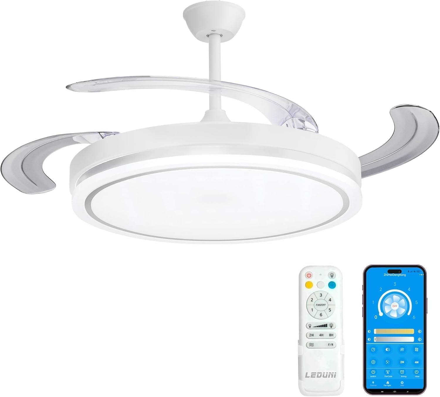 Detalle de LEDUNI Ventilador de Techo LED con Aspas Retráctiles – 66W (30W Motor DC + 36W Luz), Blanco