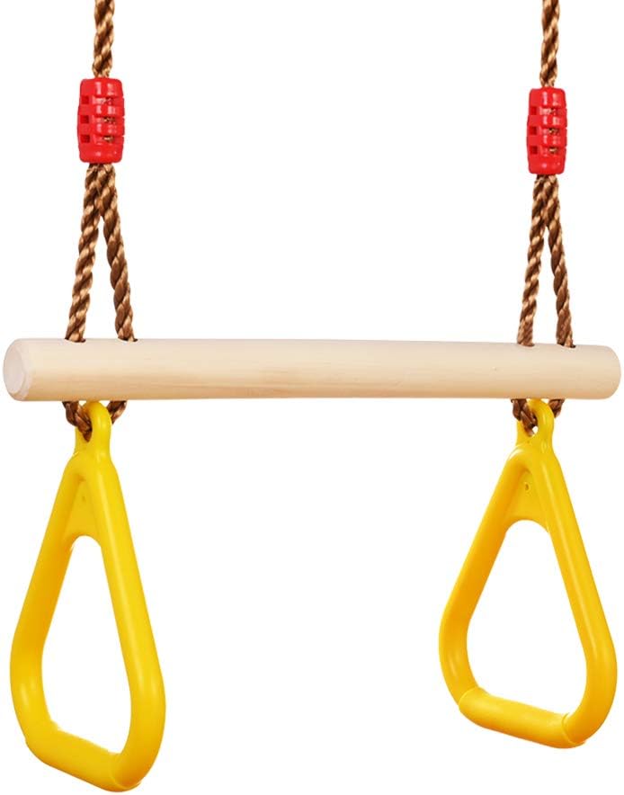 Thumbnail 6 de GOLDGE Trapez Schaukel Holz – Outdoor Schaukel mit Turnringen, Dinosaurier-Aufklebern und verstellbarem Seil