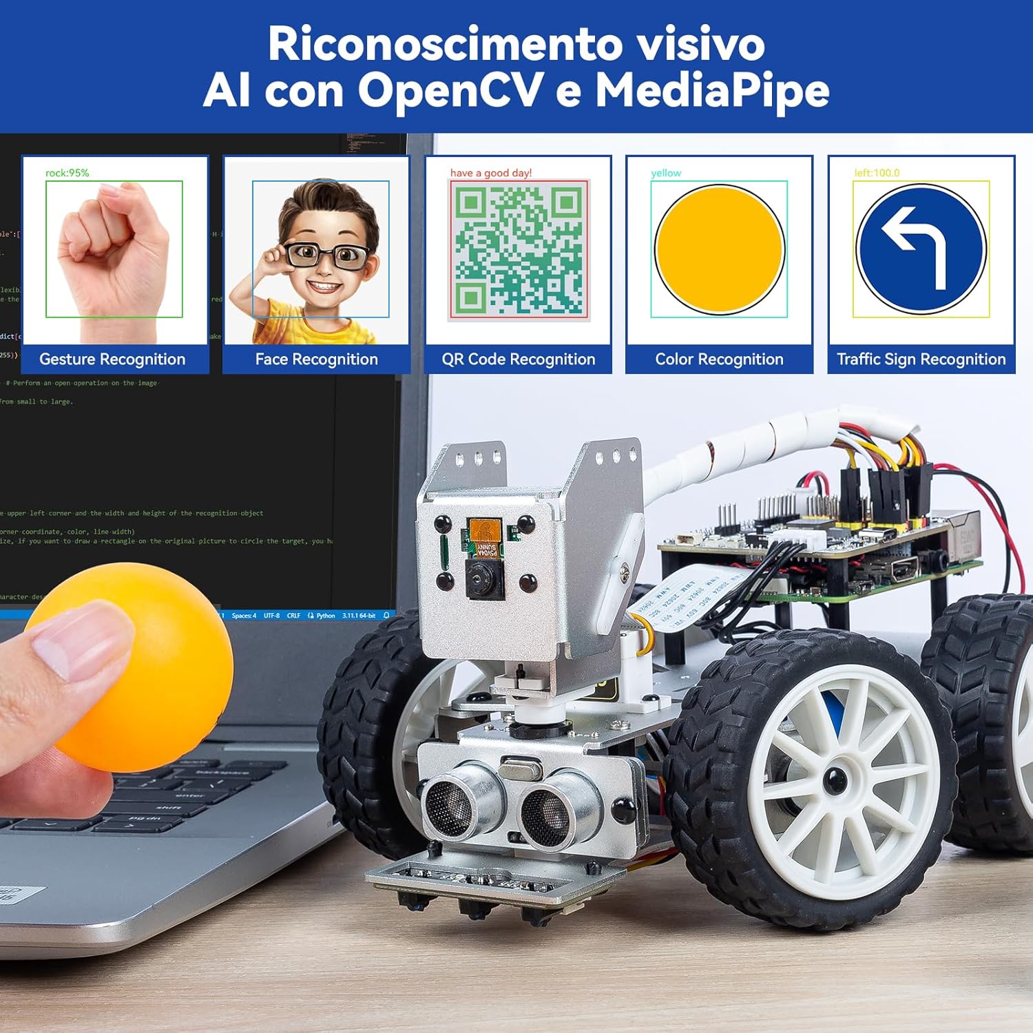 Detalle de SunFounder PiCar-X: Kit di Robot Car Video Inteligente per Raspberry Pi (5/4/3B+/3B/Zero W) con AI, Python e Scratch