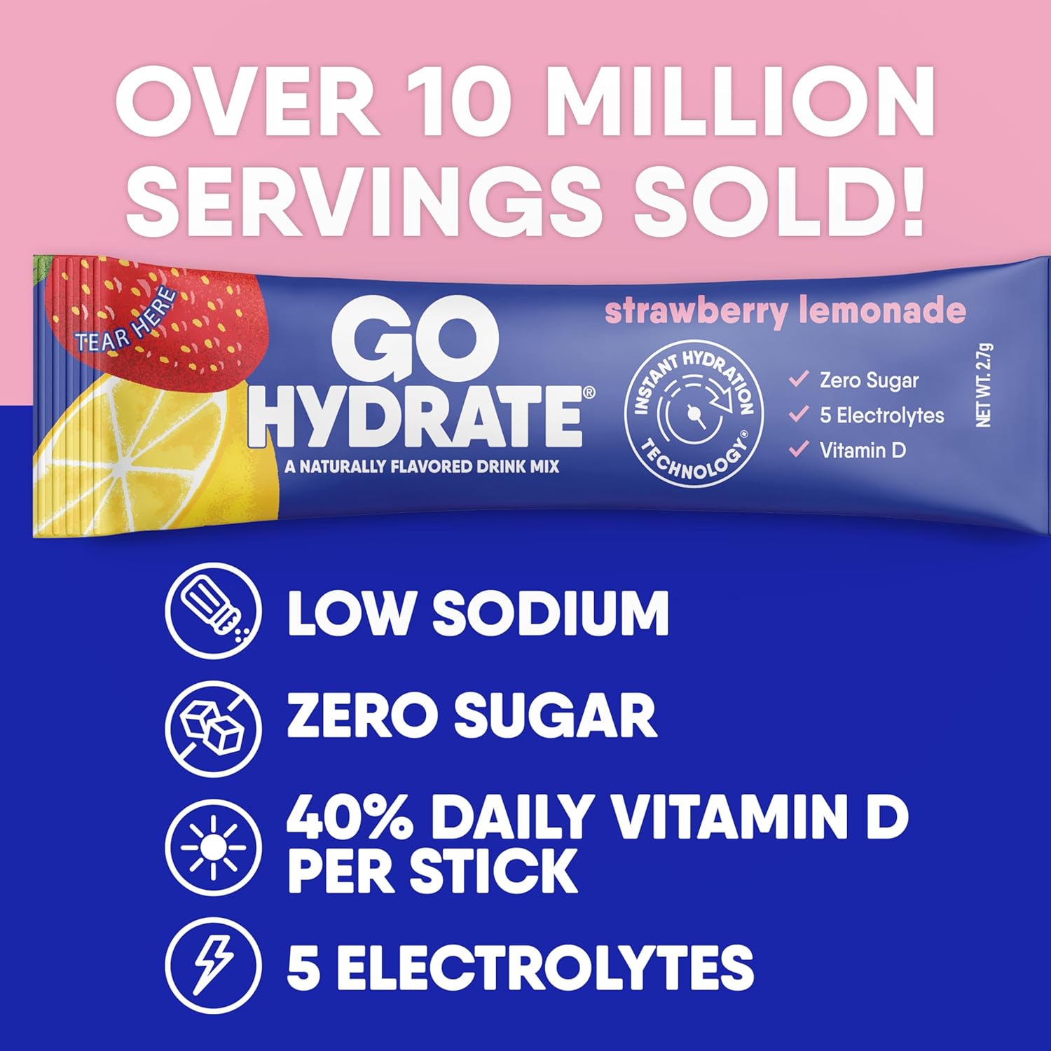 Thumbnail 3 de GoHydrate Low Sodium Electrolytes Powder Packets Sugar Free – Instant Hydration Daily Drink Mix (Strawberry Lemonade, 30 Packs)
