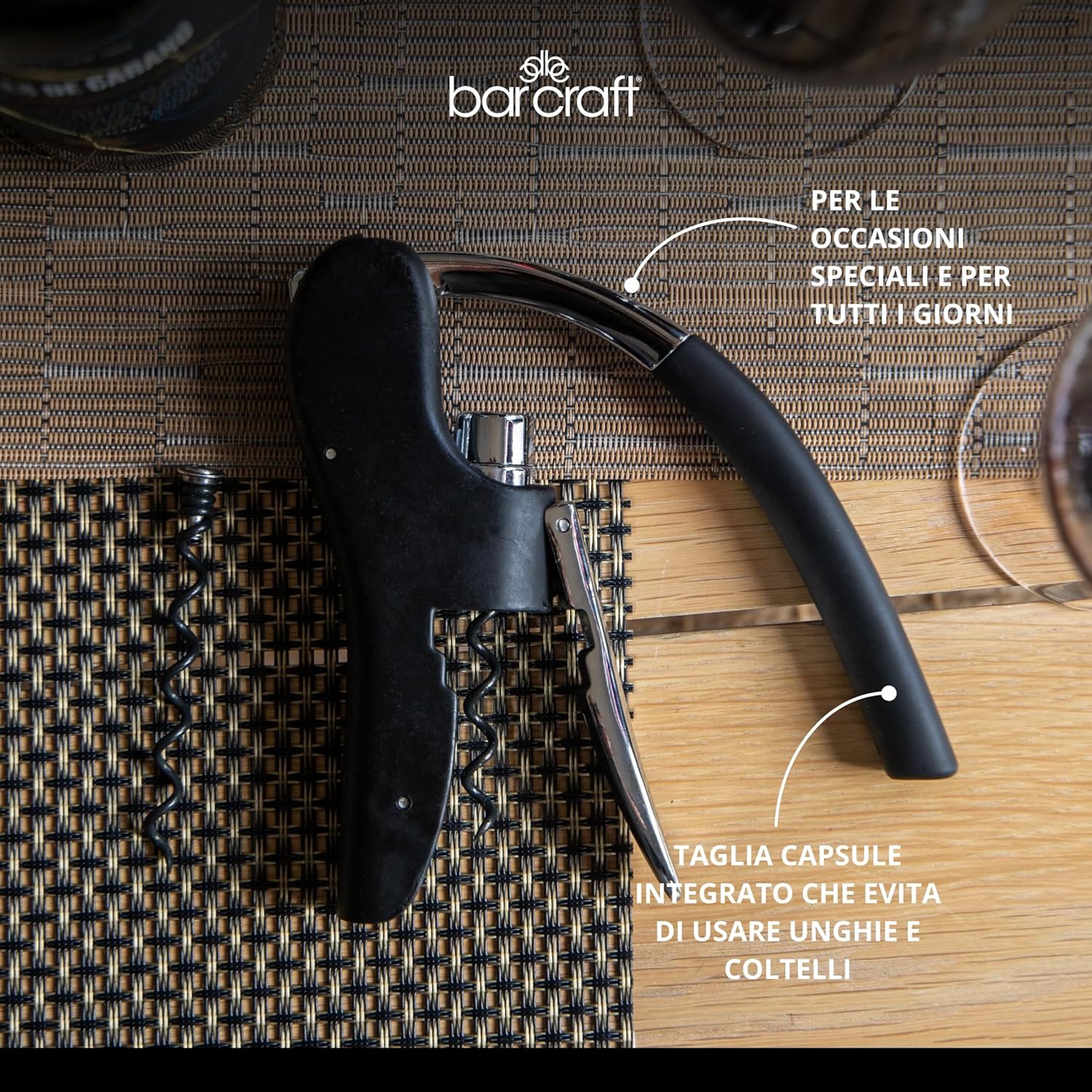 Detalle de BAR CRAFT Tire-Bouchon De Luxe avec Coupe-Feuille Intégré – Noir et Chrome